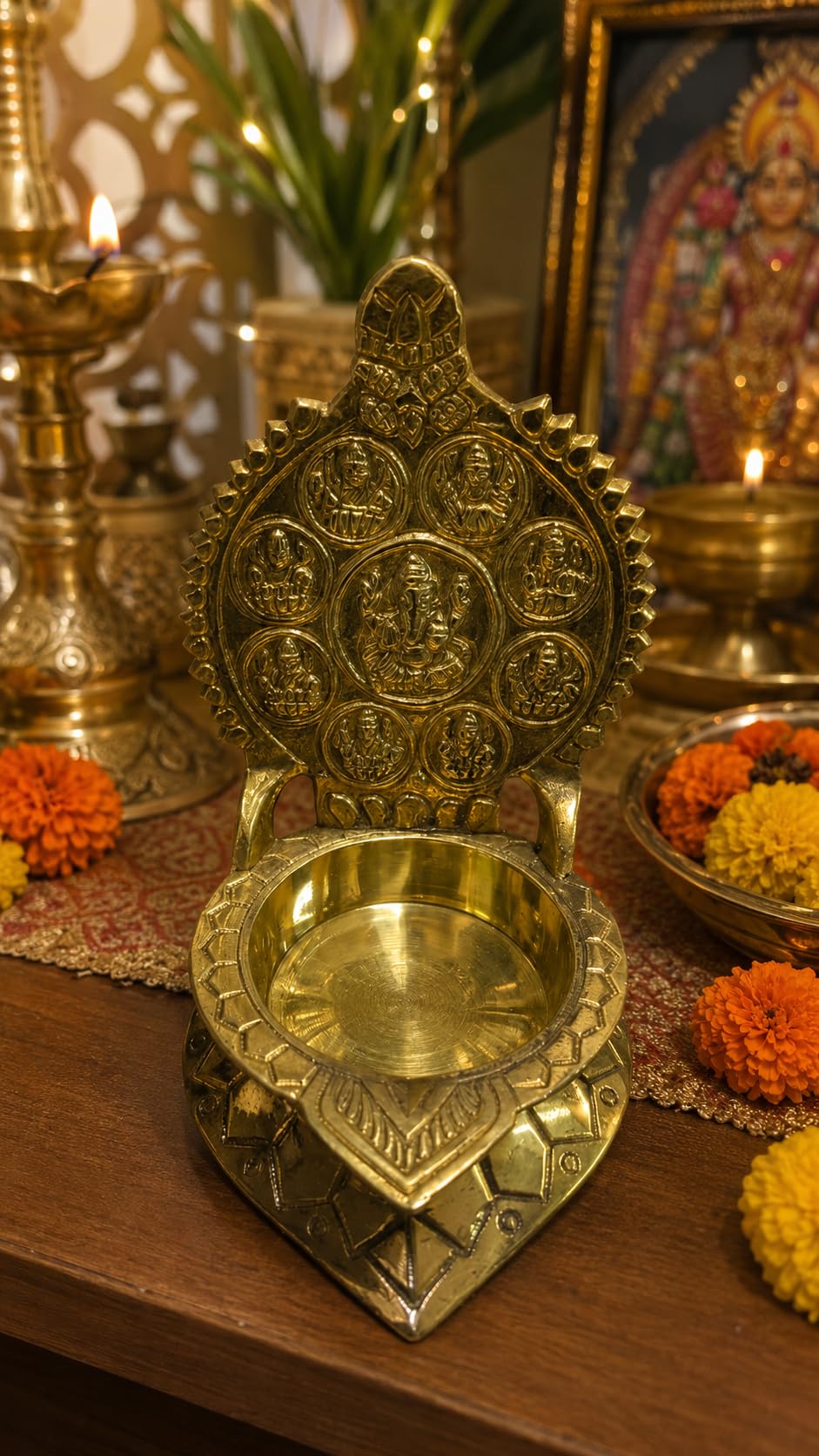 Ashtalakshmi Diya Brass | 5inch | Size Traditional Kamakshi Deepam Vilakku Deepavali Brass Diya with Antique Finish for Pooja Room Temple & Festival Decor-image-22