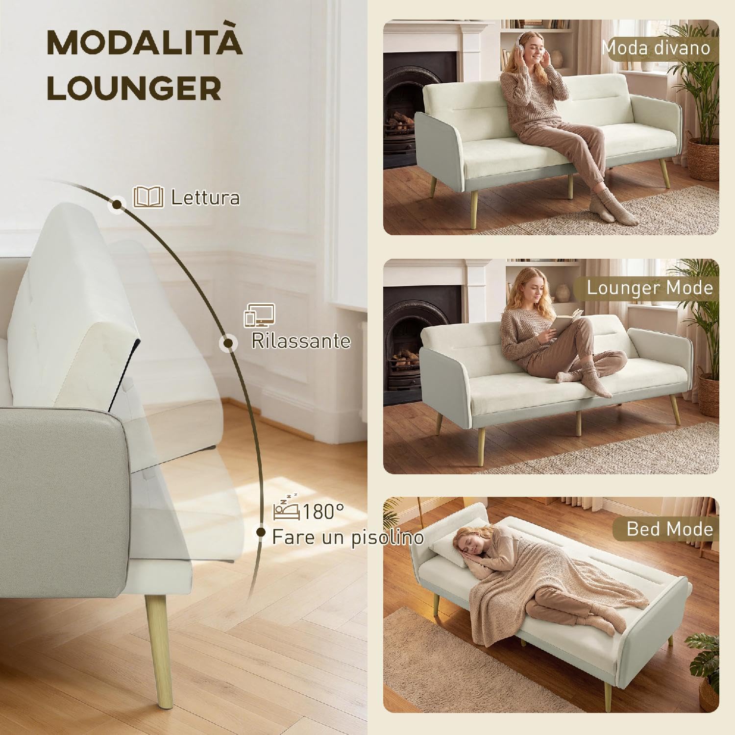 Divano Letto 3 Posti Clic Clac Stile Scandinavo in Tessuto Effetto Velluto 185x84x83 cm Colore Beige