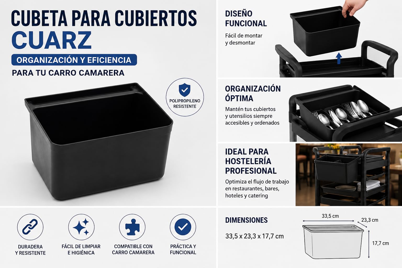 Cubeta para Cubiertos Cuarz para Carro Camarera | Accesorio Desmontable para Utensilios | Polipropileno Resistente | 33,5 x 23,3 x 17,7 cm | Hostelería Profesional