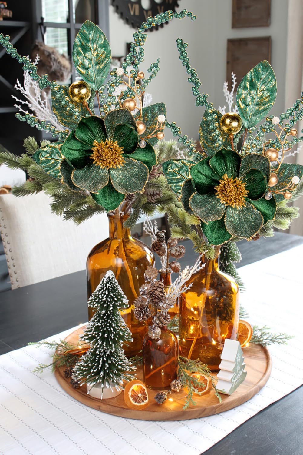Hollyone 2 Stück Weihnachten Blumen Dekor 46CM, Glitzer Weihnachten deko, Glitter Weihnachtsbaumschmuck Blume, Weihnachtsbaum Blumen Grün für Hochzeit Weihnachtsbaum Neujahr Ornamente Girlande