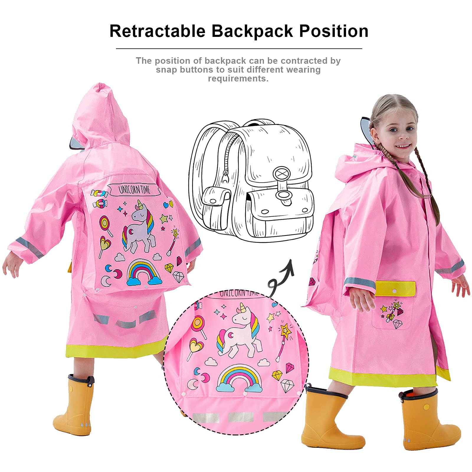 Poncho Impermeable Niños Impermeables Unisex Chubasqueros Capa Chaquetas de Lluvia Abrigos Traje de Charco Infantil Niñas Encapuchado Mono de Bolsillo Reflectante Impresión Animal 3-12 años