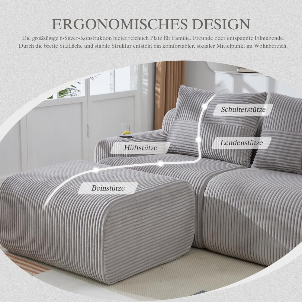 Sapgaks Sofá esquinero convertible, sofá modular compacto, sofá de 2 a 6 plazas, equipado con soportes para bebidas y compartimentos laterales de almacenamiento, no requiere montaje (U gris claro de 4