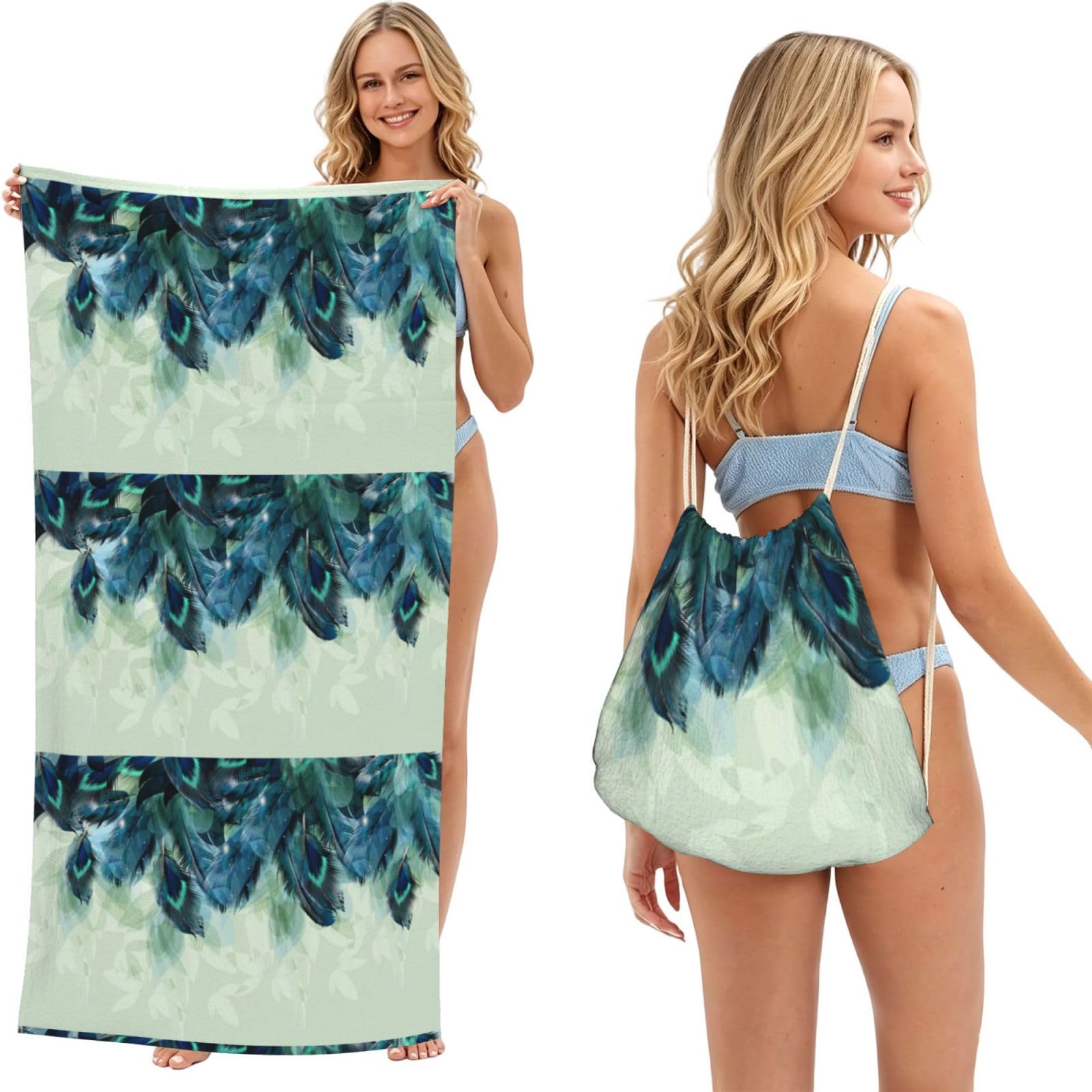 Poadnly As Picture Peacock Feather Pattern, 2 In 1 Packable Towel Bag, Beach Towels With Drawstring Backpack For Travel Holiday Camping