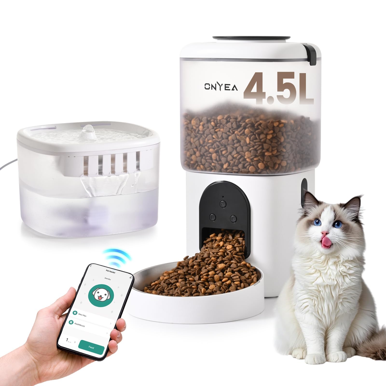 ONYEA 2 in 1 WiFi Automatic Cat Feeder with Water Fountain, 4.5L Food Dispenser & 2.5L Water Dispenser, App Control Smart Pet Feeder, Timed Feeding for Cats & Small Dogs
