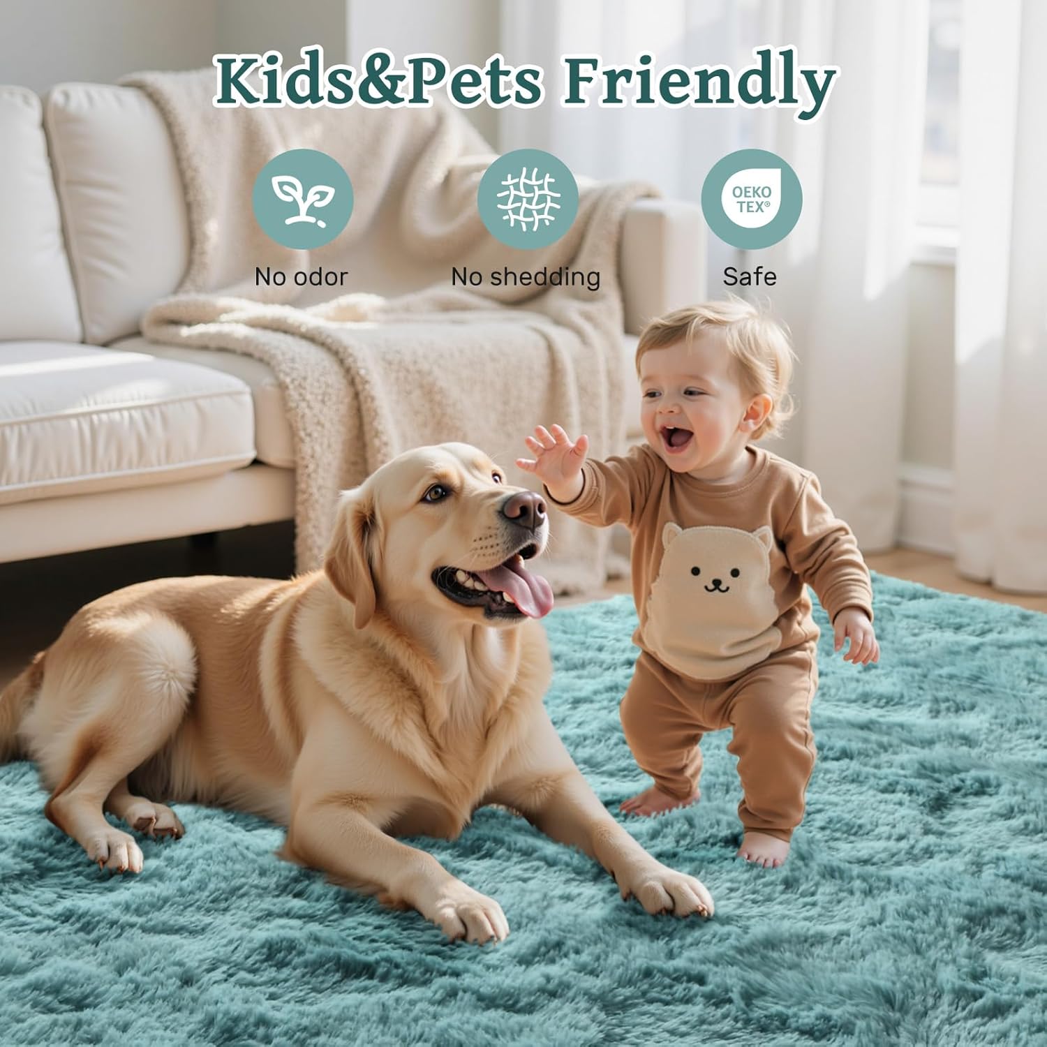 Teal Rug for Bedroom 4x6 Shag Area Rugs, Modern Plush Non-Slip Soft Carpets for Kids Nursery Dorm Daycare Living Room Floor