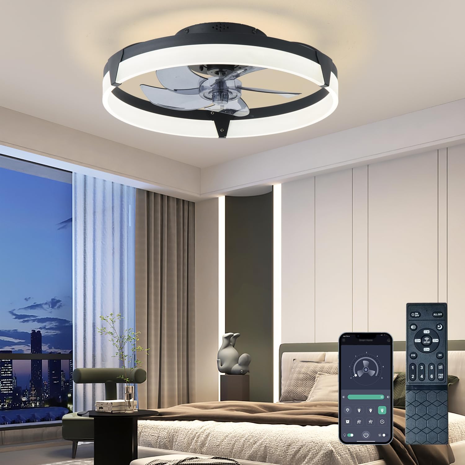 20″ Ceiling Fans with Lights and Remote, New Upgraded Low Profile Ceiling Fan,Dimmable Modern Flush Mount LED Ceiling Fan,Ultra Quiet 3CCT Ceiling Fans for Bedroom,Living Room,Black