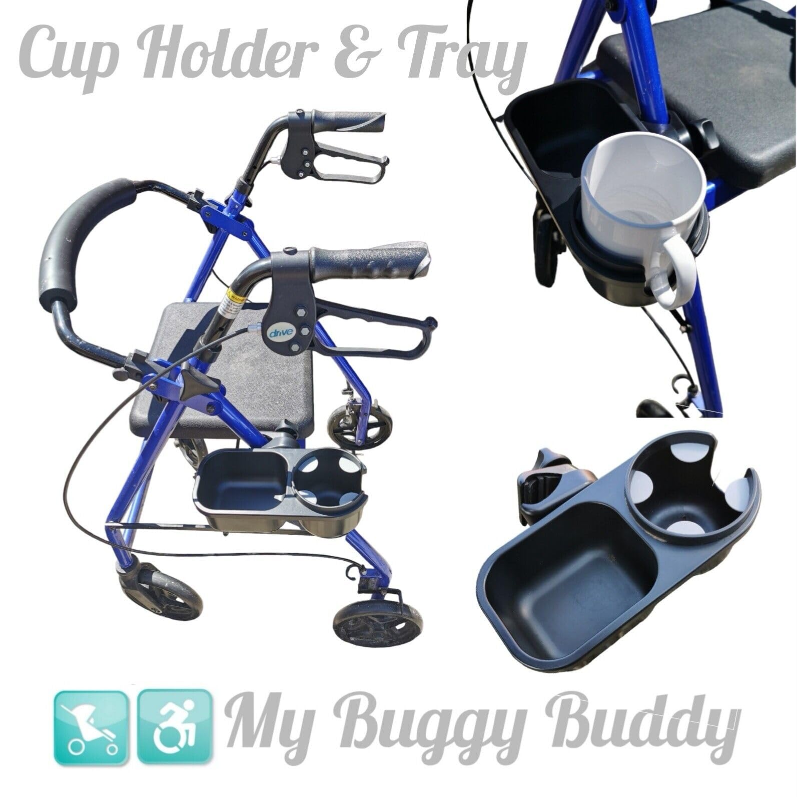 Getränkehalter mit Tablett; ideal für Flaschen, Schlüssel, Snacks, Handys; universell passend für jeden Kinderwagen, Buggy, Kinderwagen, Rollator, Rollstuhl, Gehhilfe