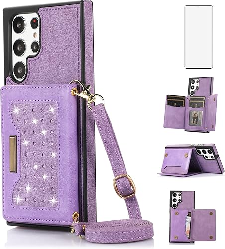 Asuwish Phone Case for Samsung Galaxy S22 Ultra 5G Wallet Cover with Screen Protector and Card Holder Slot Stand Leather Bling Glitter Cell