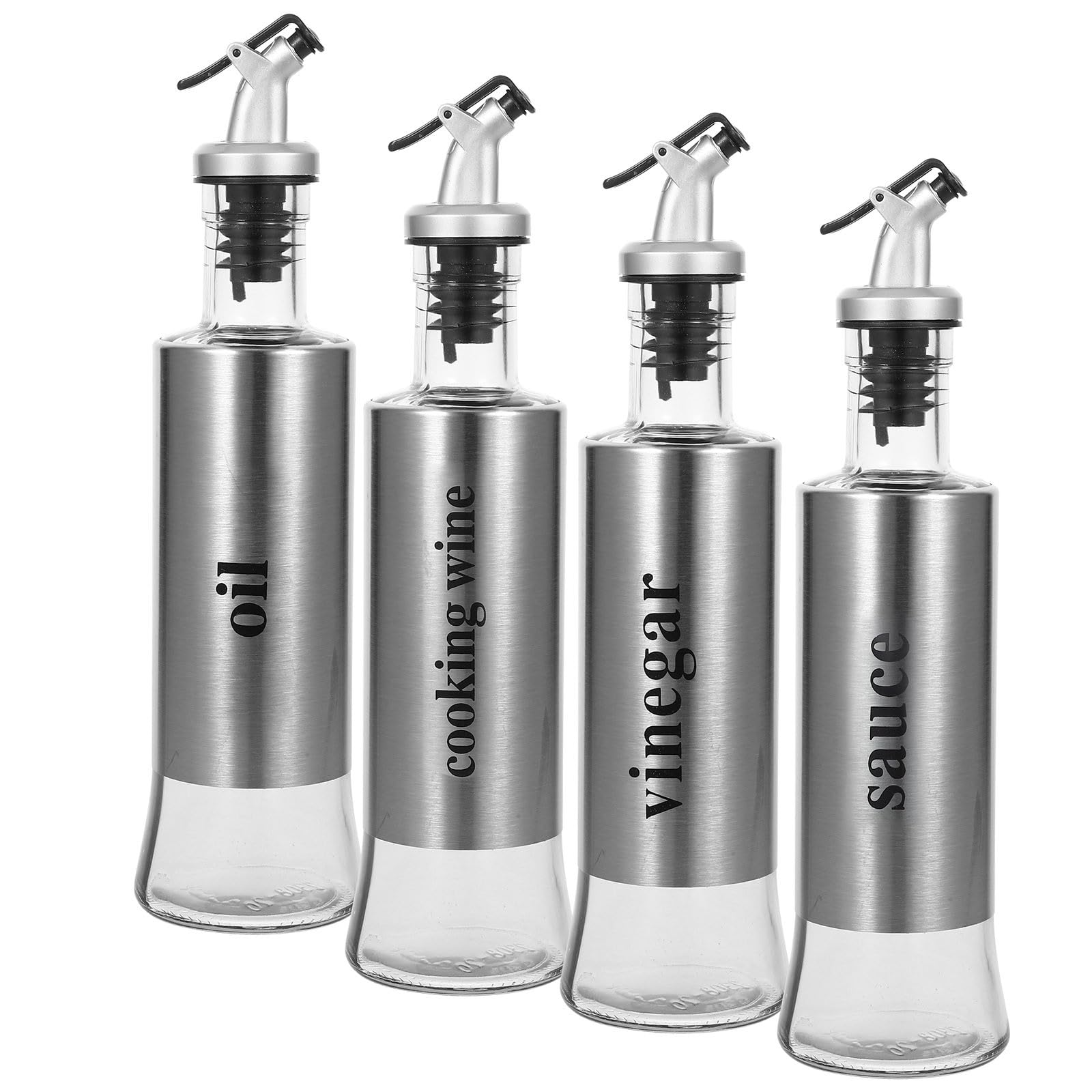 Set 4 Pezzi Dosatore Olio e Aceto in Vetro Dispenser Antigoccia, Capacità 300ml, Acciaio Inossidabile Elegante per Ristoranti e Cucina