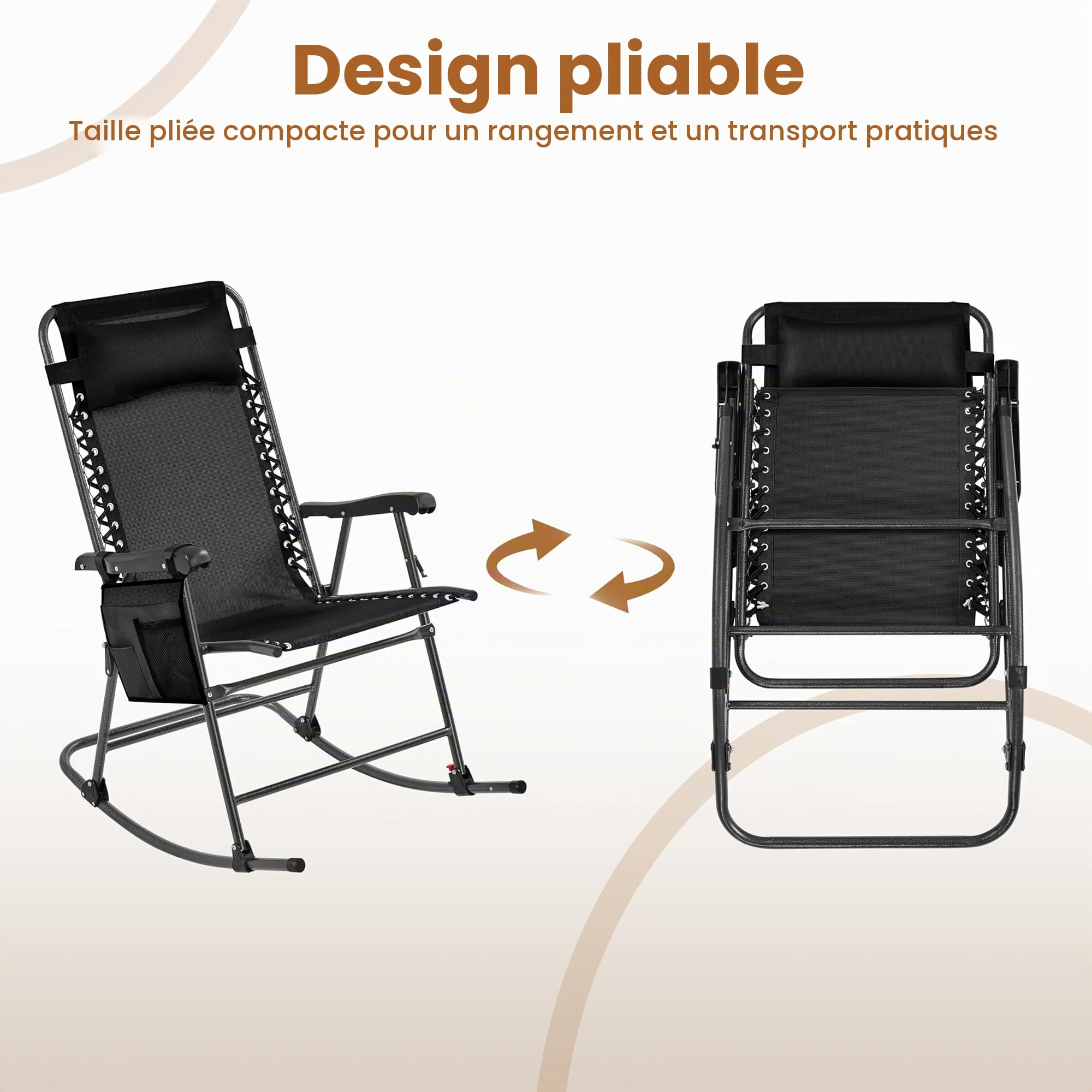 Yaheetech Basics Fauteuil à Bascule Pliant Rocking Chair Pliable de Jardin 102 x 65,5 x 103 cm avec Têtière Réglable Poche de Rangement pour Jardin Patio Terrasse Camping Voyage Noir
