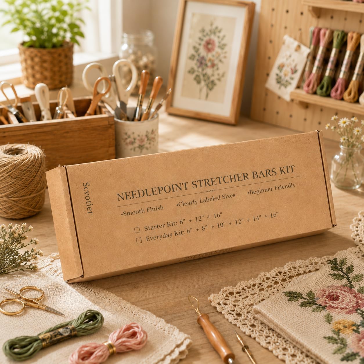 Scvotier Needlepoint Stretcher Bars Kit, 6 Sizes Wooden Needlework Canvas Frame Bars Set for Cross Stitch Embroidery Crafts Art with Accessories (6" 8" 10" 12" 14" 16"-2 Pairs Each)
