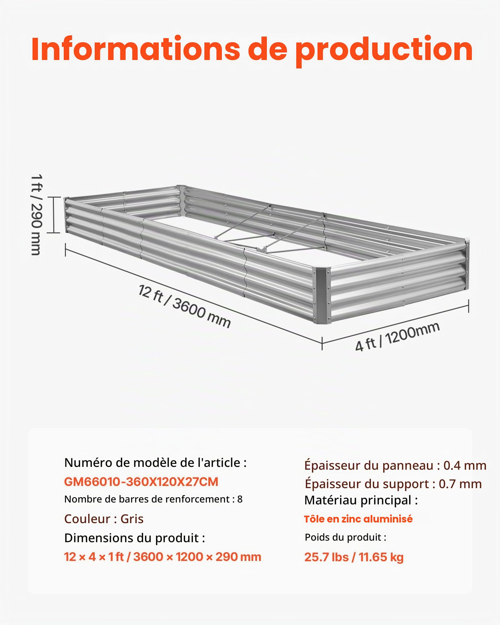 VEVOR Potager Surélevé Métal 360x120x29 cm Carré Potager Surélevé en Galvalume Lit de Jardin Fond Ouvert Bac de Jardinage pour Culture de Légumes, Fleurs, Herbes Aromatiques, Plantes Grasses, Gris