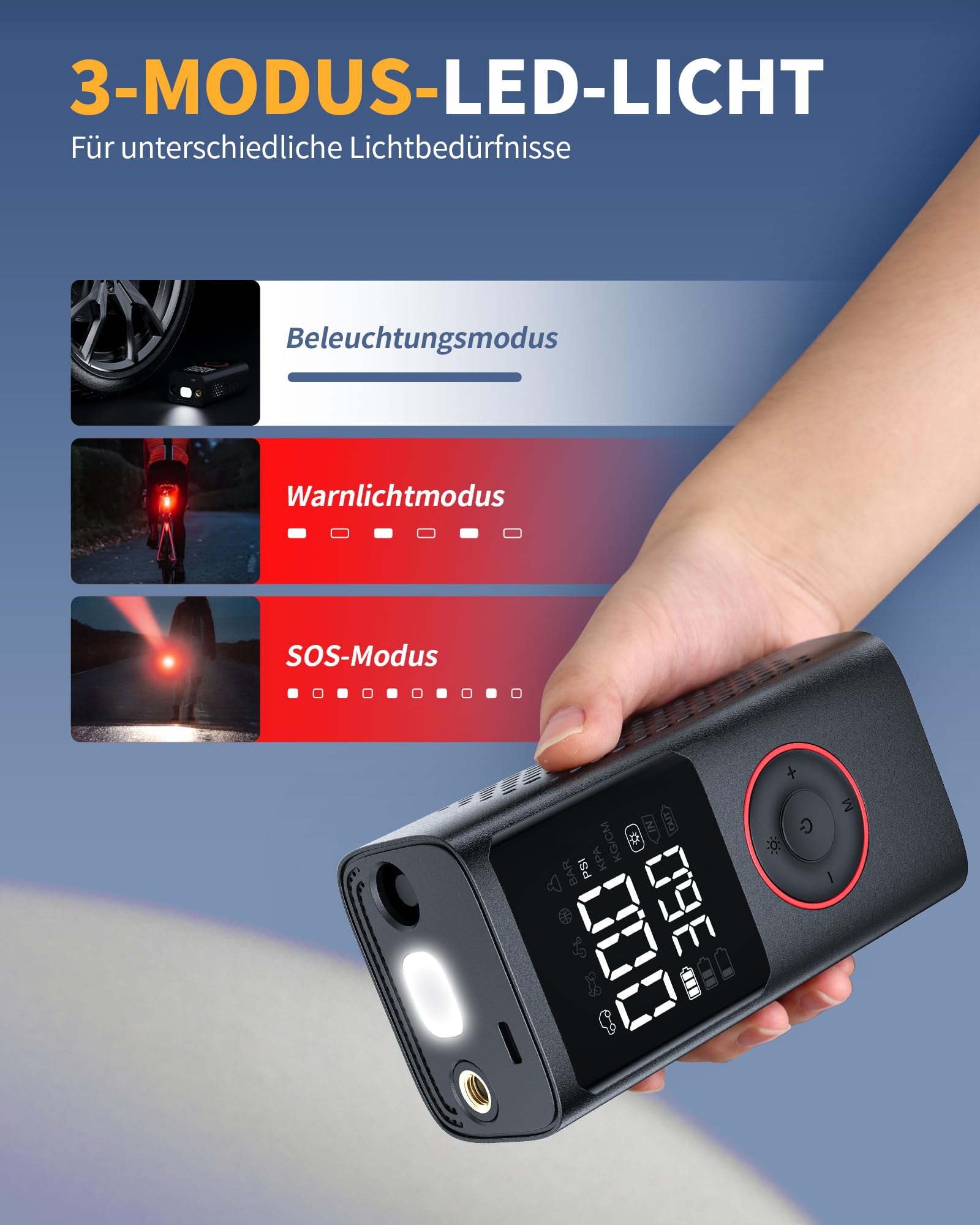 Powools Kabelloser Elektrische Luftpumpe, 150PSI Akku Kompressor Fahrradpumpe mit LED-Licht & Auto-Stopp, Wiederaufladbare Reifenpumpe für E-Bike, Auto, Motorrad, Bälle