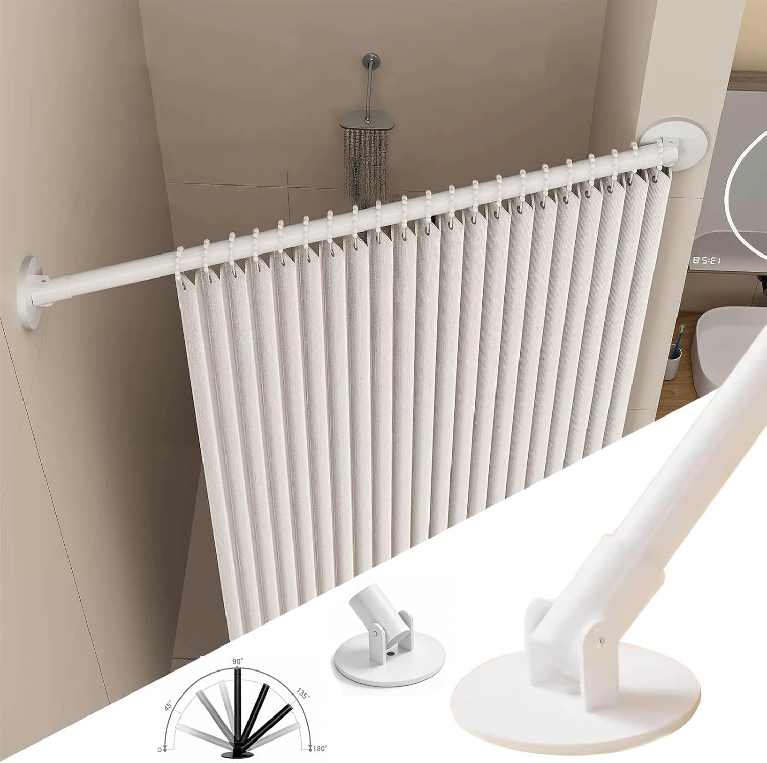 Closet Rod 13.8-102 inch Wardrobe Rail Adjustable Angle Closet Rod Bracket, Angled Wall Corner Shower Curtain Pole, 180° Swivel Clothes Support Bar Holder(White,150-260cm(59"-102"))