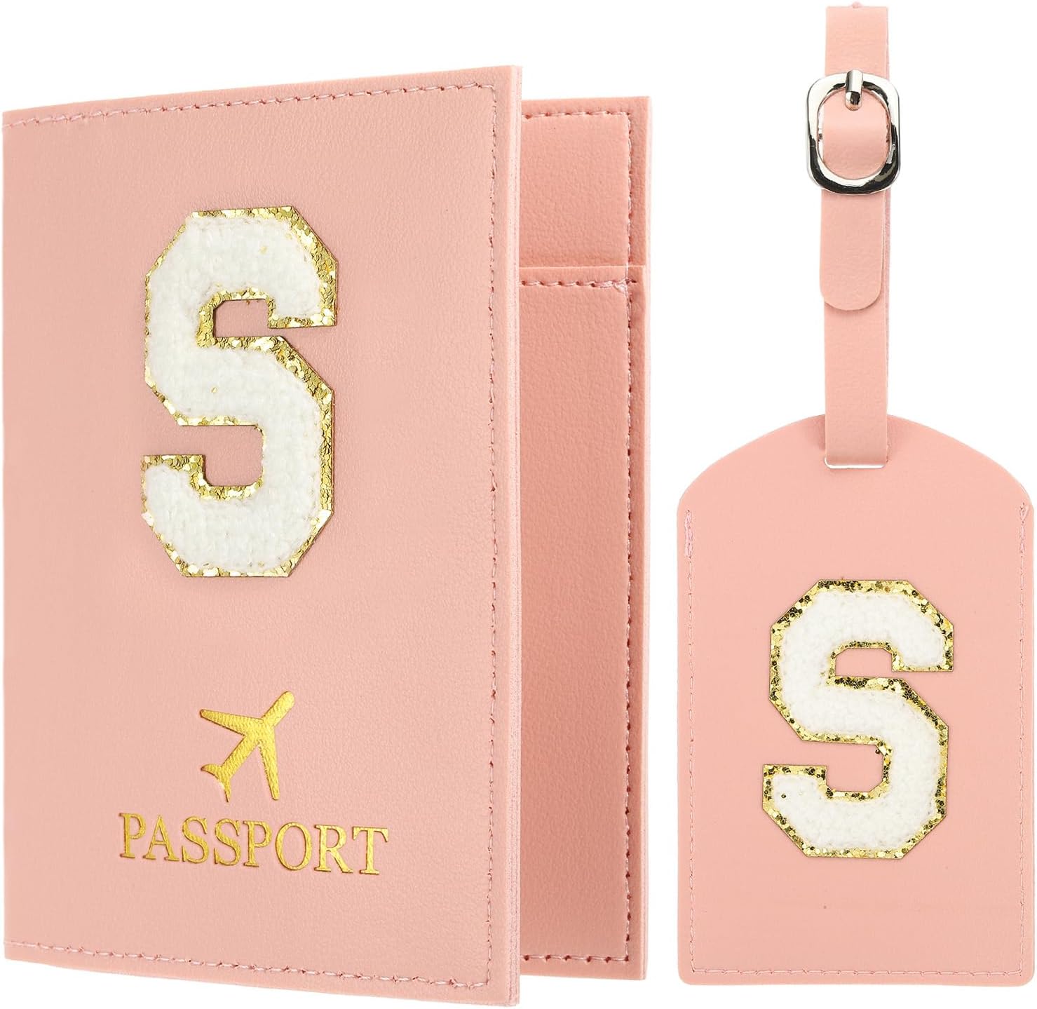 PATIKIL Passport Holder for Travel, Initial Passport Cover and Luggage Tag Set with Alphabet Chenille Letter Patch Travel Wallet Bag Suitcase Identifier for Women Family Travel Pink S