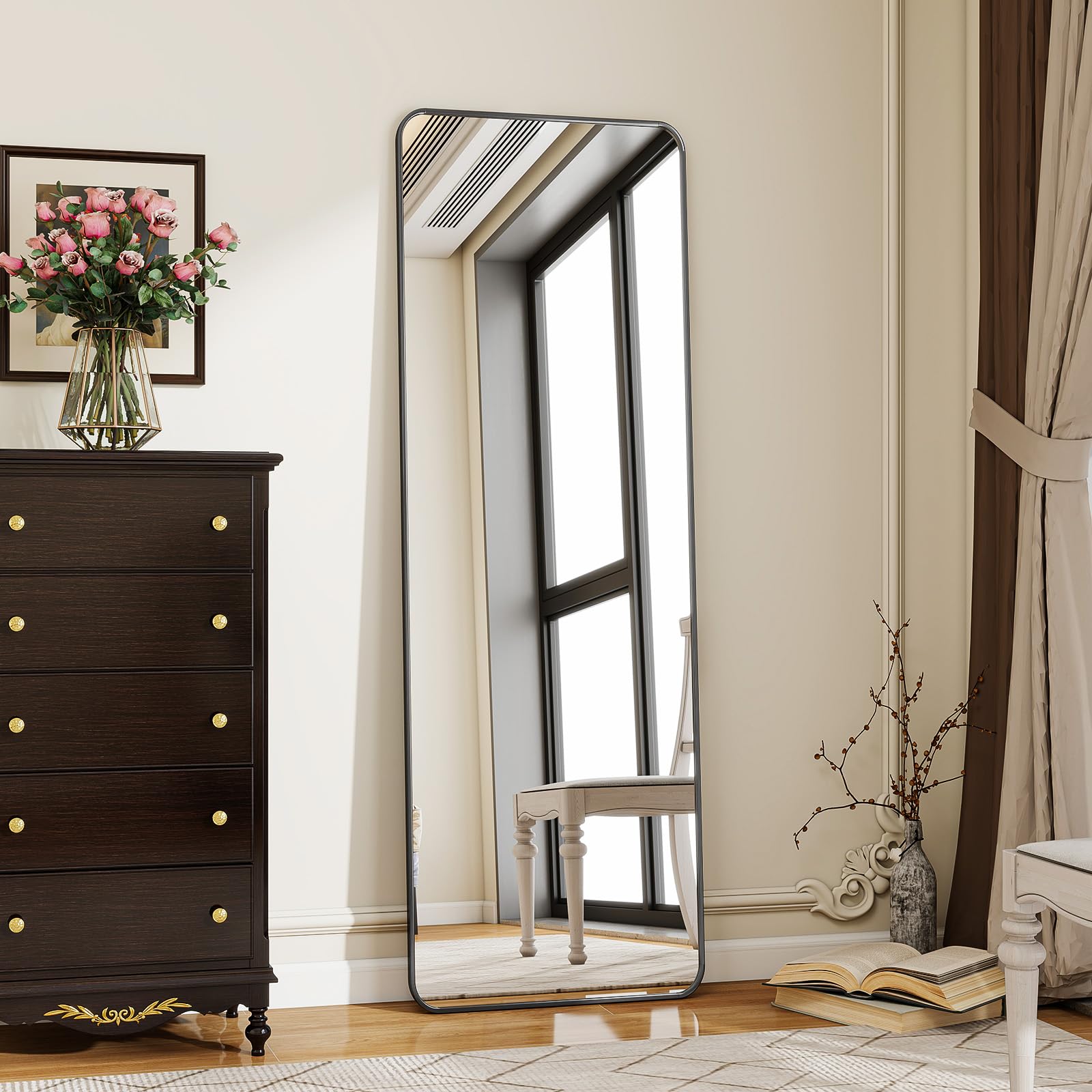 Koonmi Specchio a figura intera 40 x 150 cm - Semplice ed elegante specchio da terra a figura intera con cornice stretta, angoli arrotondati, vetro temperato antirottura per stare in piedi, appendere