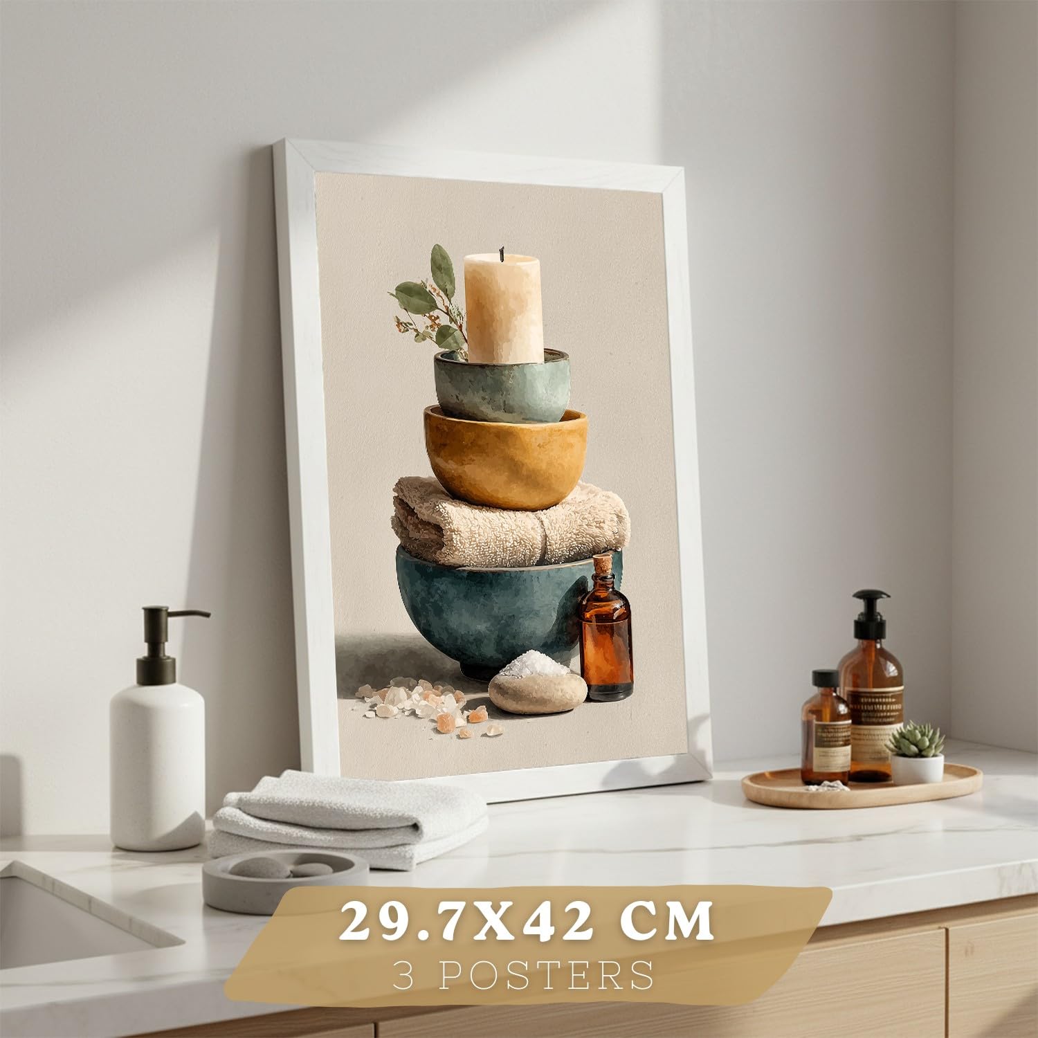 Nacnic Set Di 3 Stampe Decorative Per Bagno Poster E Quadri Da Parete Per Lavabo Doccia Wc E Toilette Con Candele Saponi E Asciugamani Stile Naturale Moderno A3 Cornice Bianca