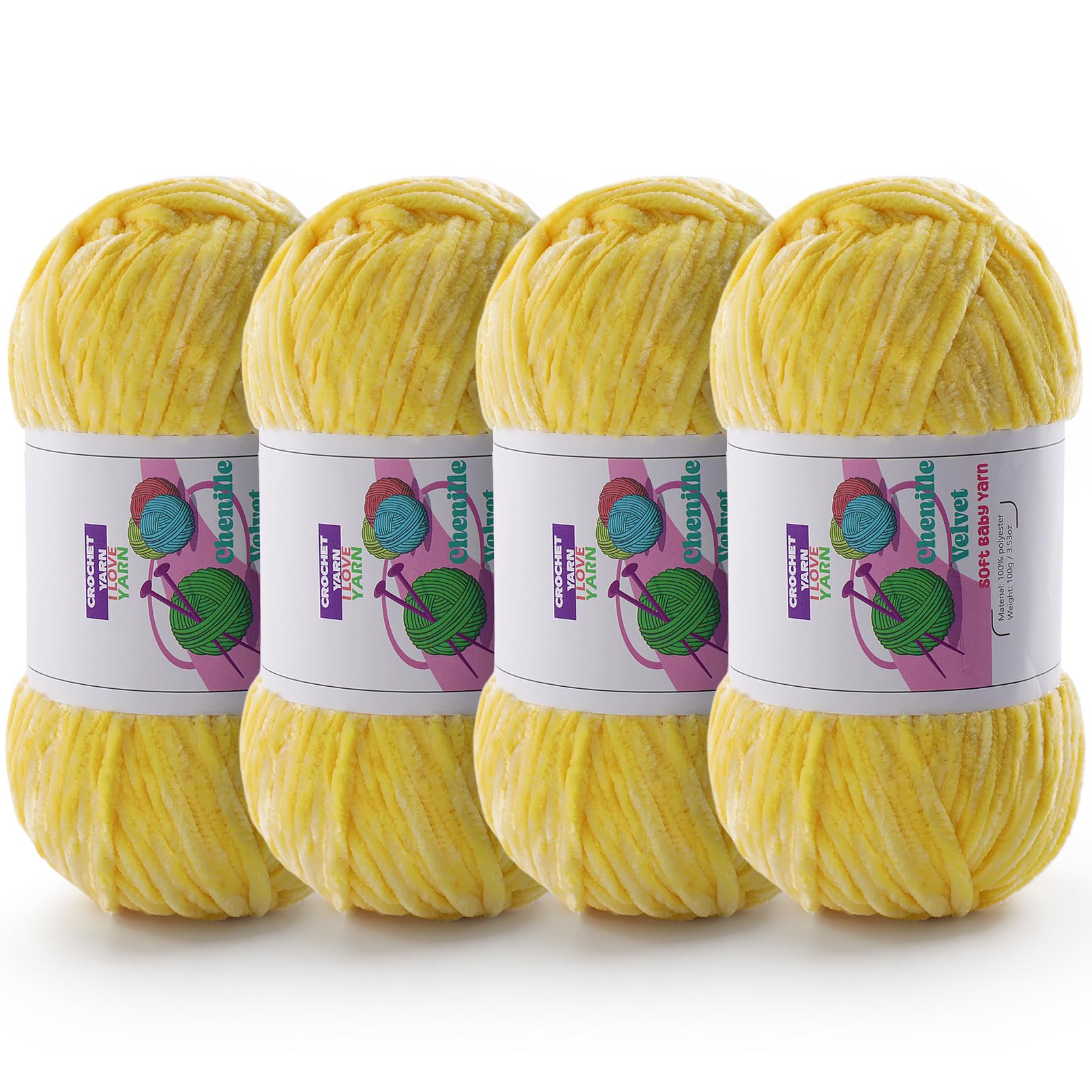 Chenille Velvet Yarn for Crocheting, Yellow Fuzzy Fluffy Yarn for Crochet