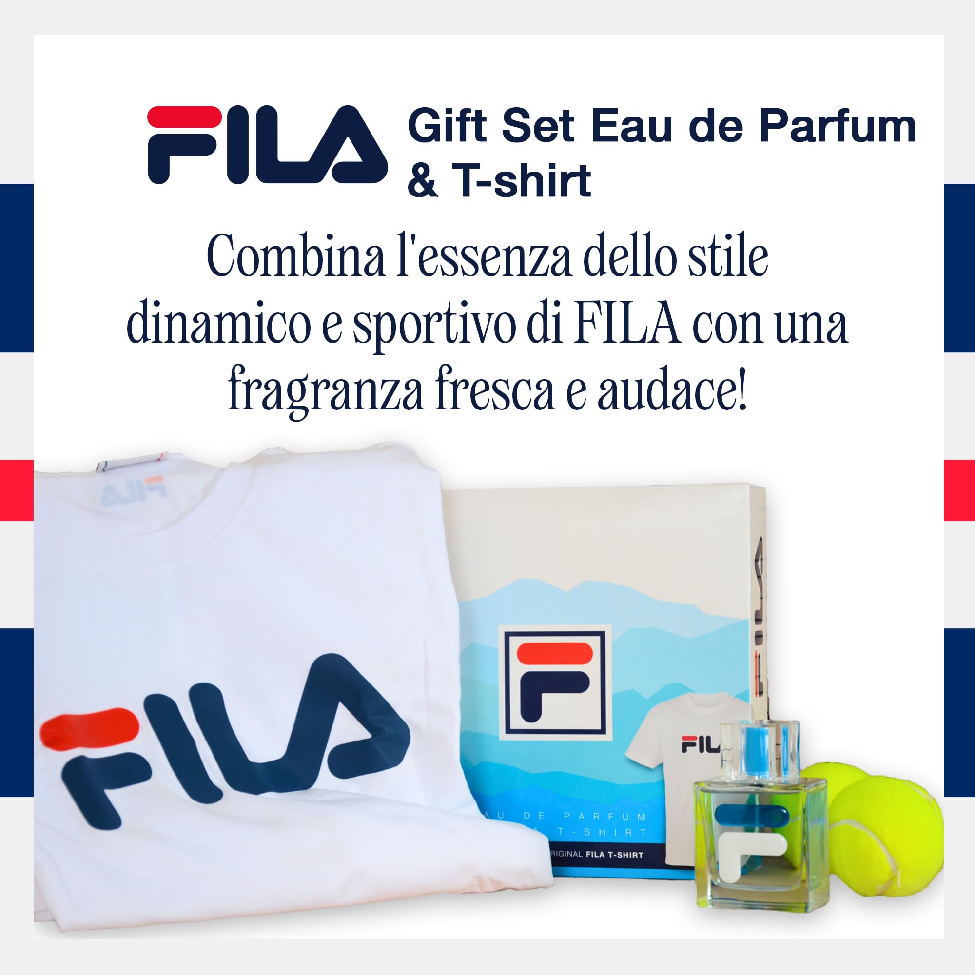 FILA Set Regalo Uomo Con Eau de Parfum 100 ml e T-Shirt, Cofanetto Con Elegante Profumo e Comoda T-Shirt Alla Moda, Kit Per Compleanni e Occasioni Speciali