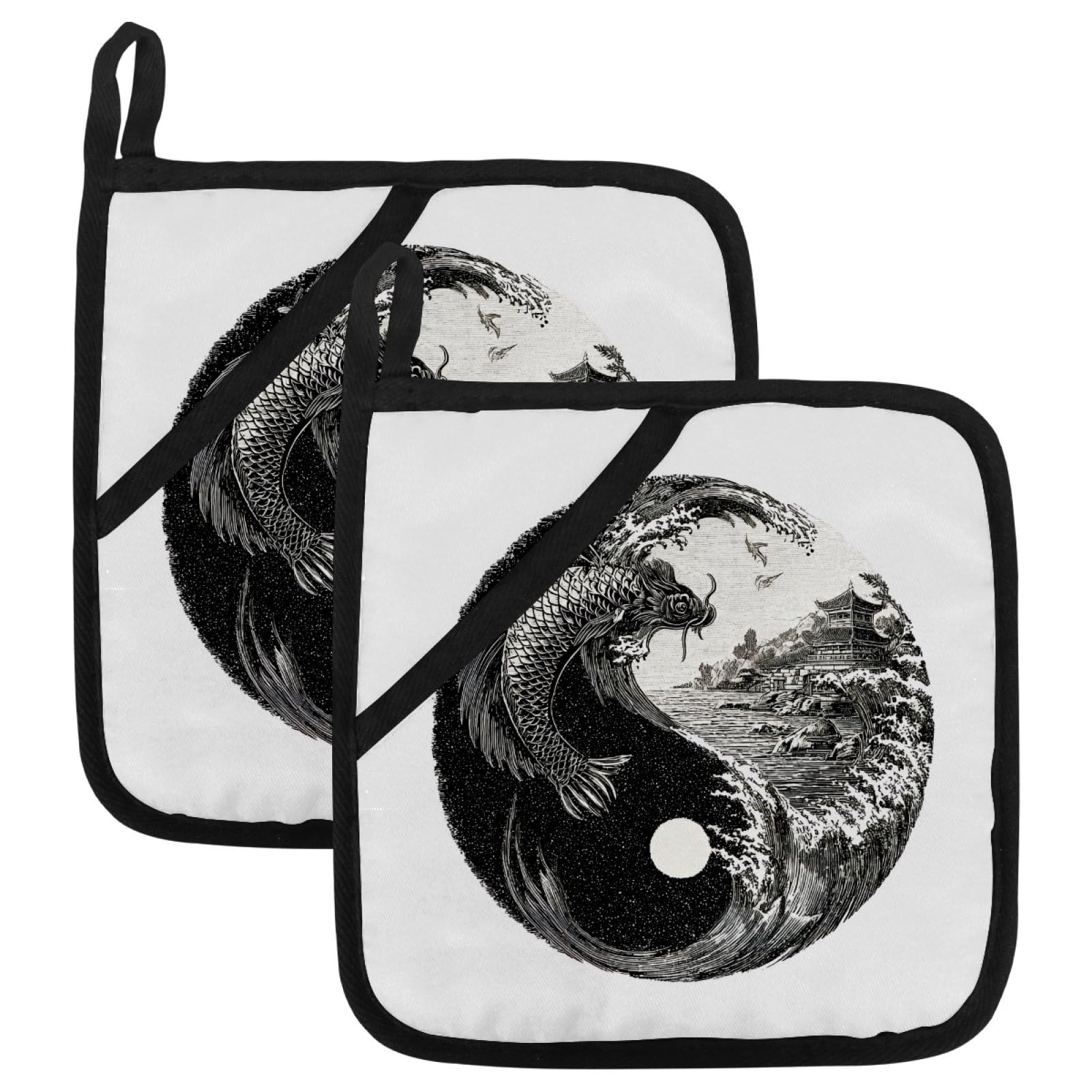 Retro Yin and Yang Oven Mitts and Pot Holders 2pcs Set, Kitchen Oven Glove & Hot Pad High Heat Resistant for Cooking Accessories, Home Kitchen Gifts