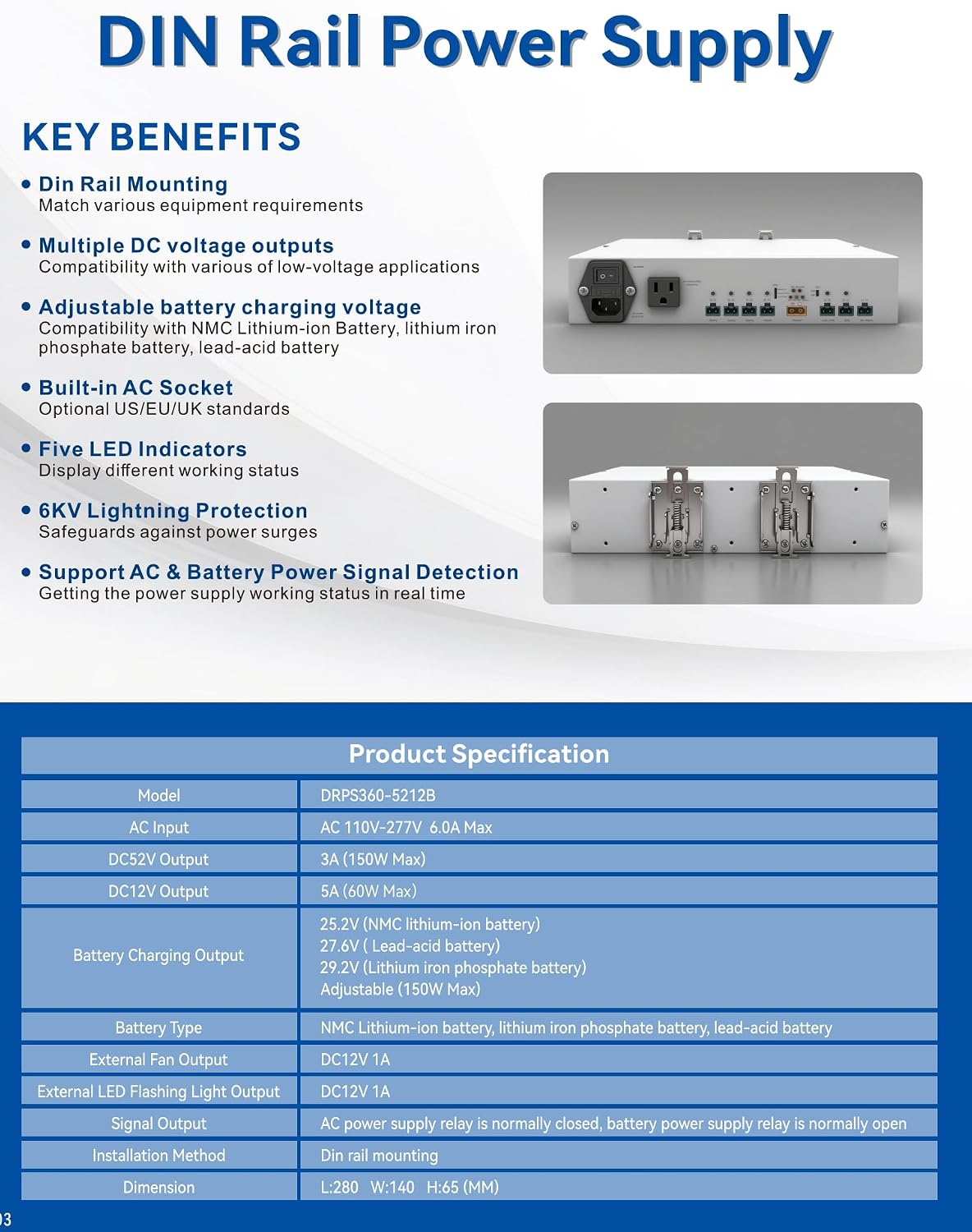 Eversecu 360W DIN Rail UPS - Zero-Delay Backup Power Supply for CCTV, Burglar Alarms & Access Control (52V/12V Output) (Battery is Not Included)