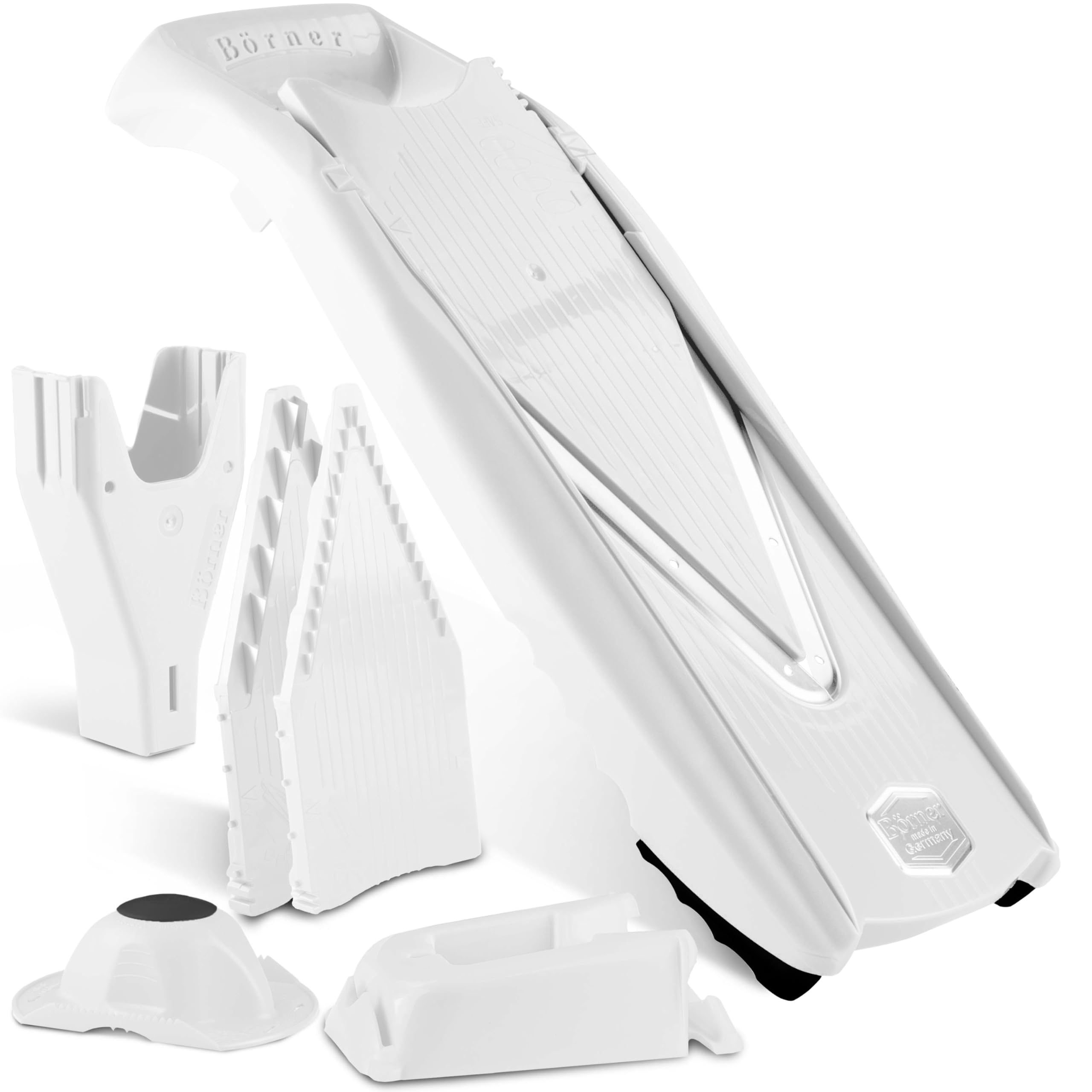 Börner by Reston Lloyd Mandoline Slicer V5 (Professional Set) • V-Slicer with 10 Cutting Styles & Safety Food Holder • Adjustable Kitchen Slicer for Vegetables & Fruits • Color: White