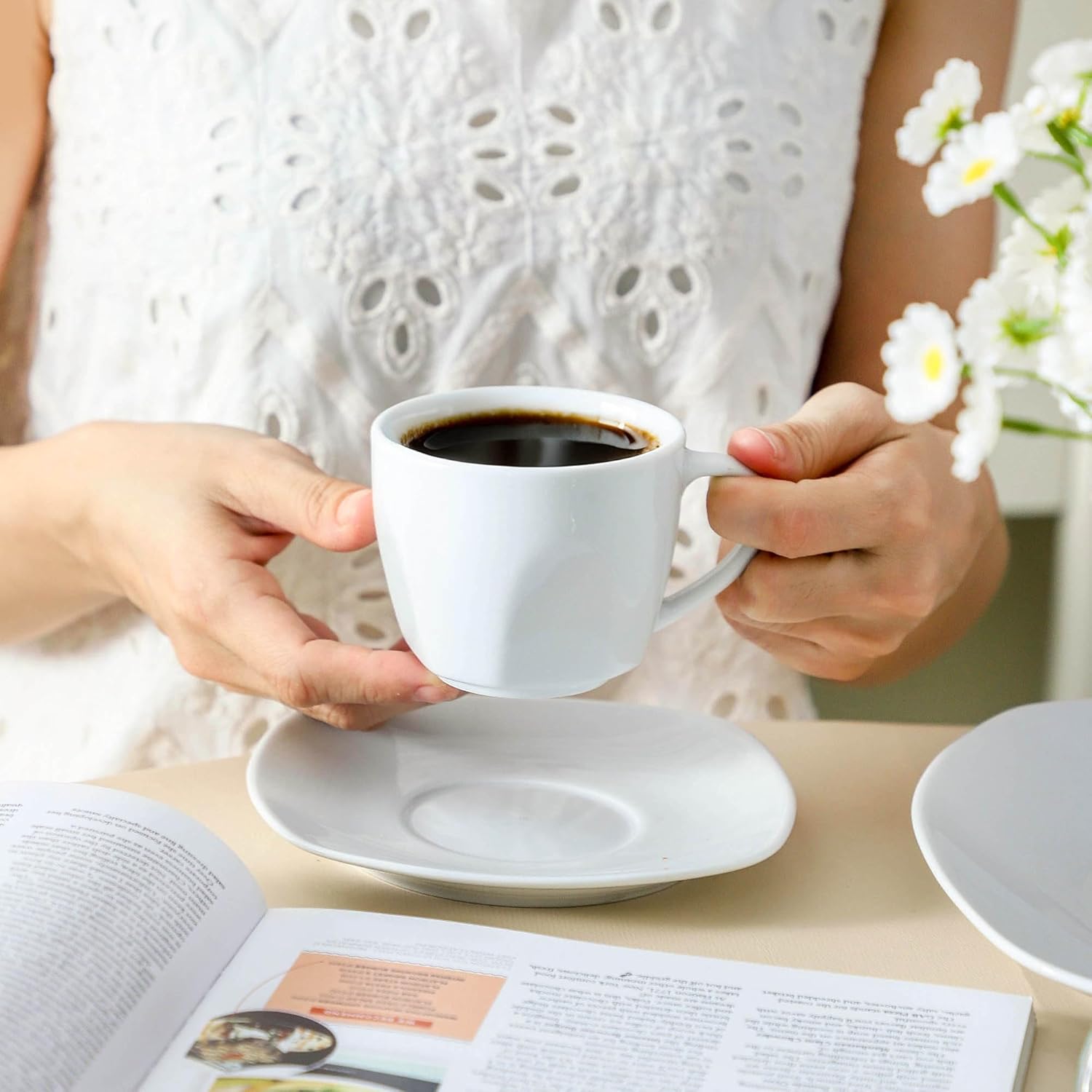 fMBB 6.5 Ounce Porcelain Espresso Cups and Saucers Set of 6 and 8" Square Dinner Plates Sets, Ceramic Tableware Set, Microwave Safe and Dishwasher Safe, White