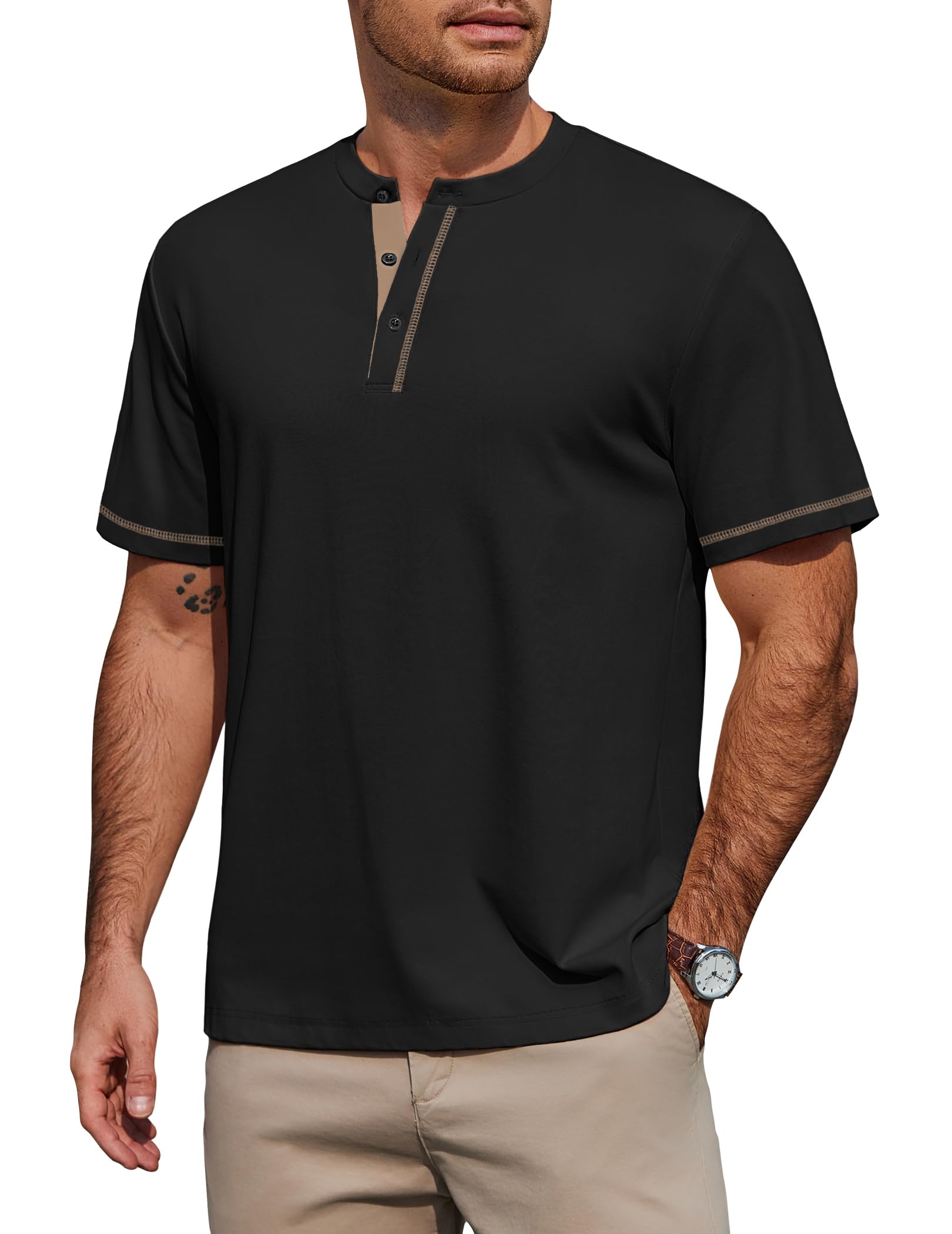 COOFANDY T-Shirt Herren Henley Shirt Kurzarm 95% Baumwolle Sommershirt mit Knopfleiste Color-Blocking Basic Tee