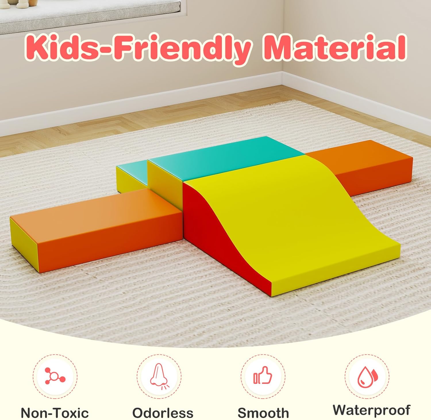 Olakids Toddler Climbing Toys Indoor, 10 Pieces Baby Foam Blocks Soft Play Set with PU Leather, Kids Climb Crawling Activity Gym Playground for 1+ Years (Red)