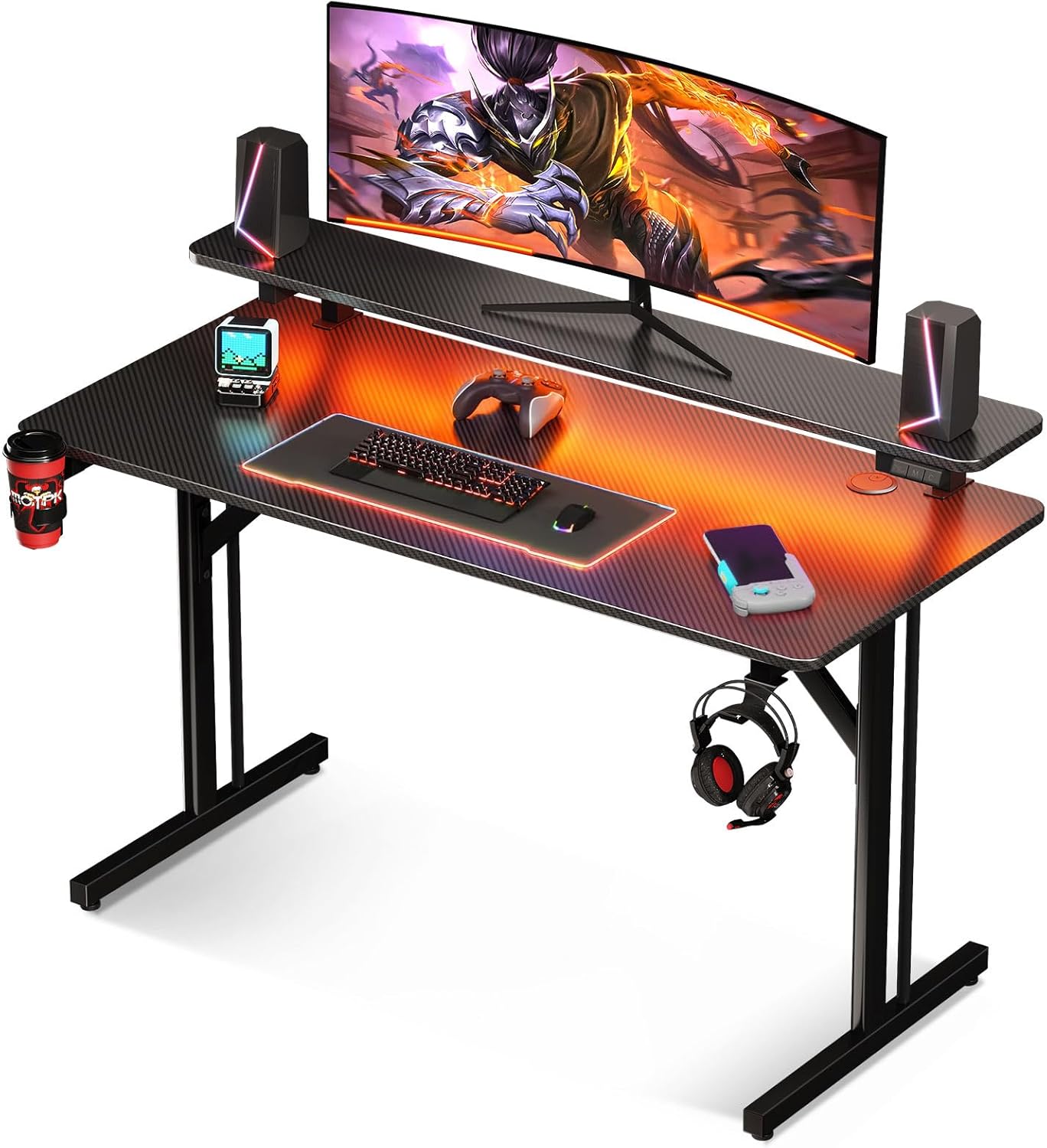 MOTPK 39 Inch Gaming Desk with LED Lights & Monitor Shelf - Small Carbon Fiber Computer Desk for Gamers, Kids & Home Office