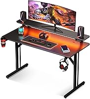 MOTPK 39 Inch Gaming Desk with LED Lights & Monitor Shelf - Small Carbon Fiber Computer Desk for Gamers, Kids & Home Office