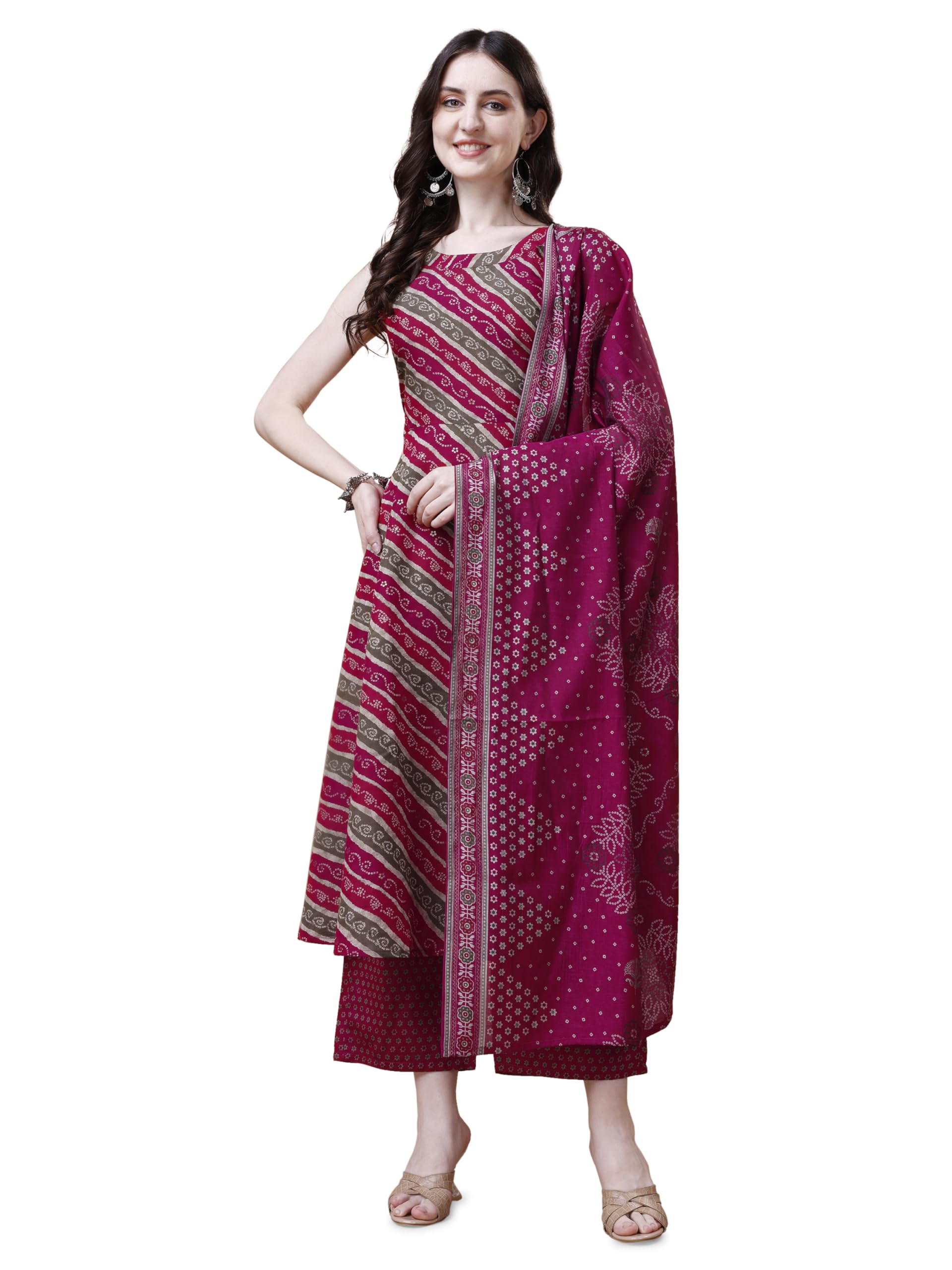 Pratham Blue Kurta Set For Women Cotton Blend Anarkali Printed Kurta Set For Women With Palazzos And Dupatta (Pb-6009-M_Pink)