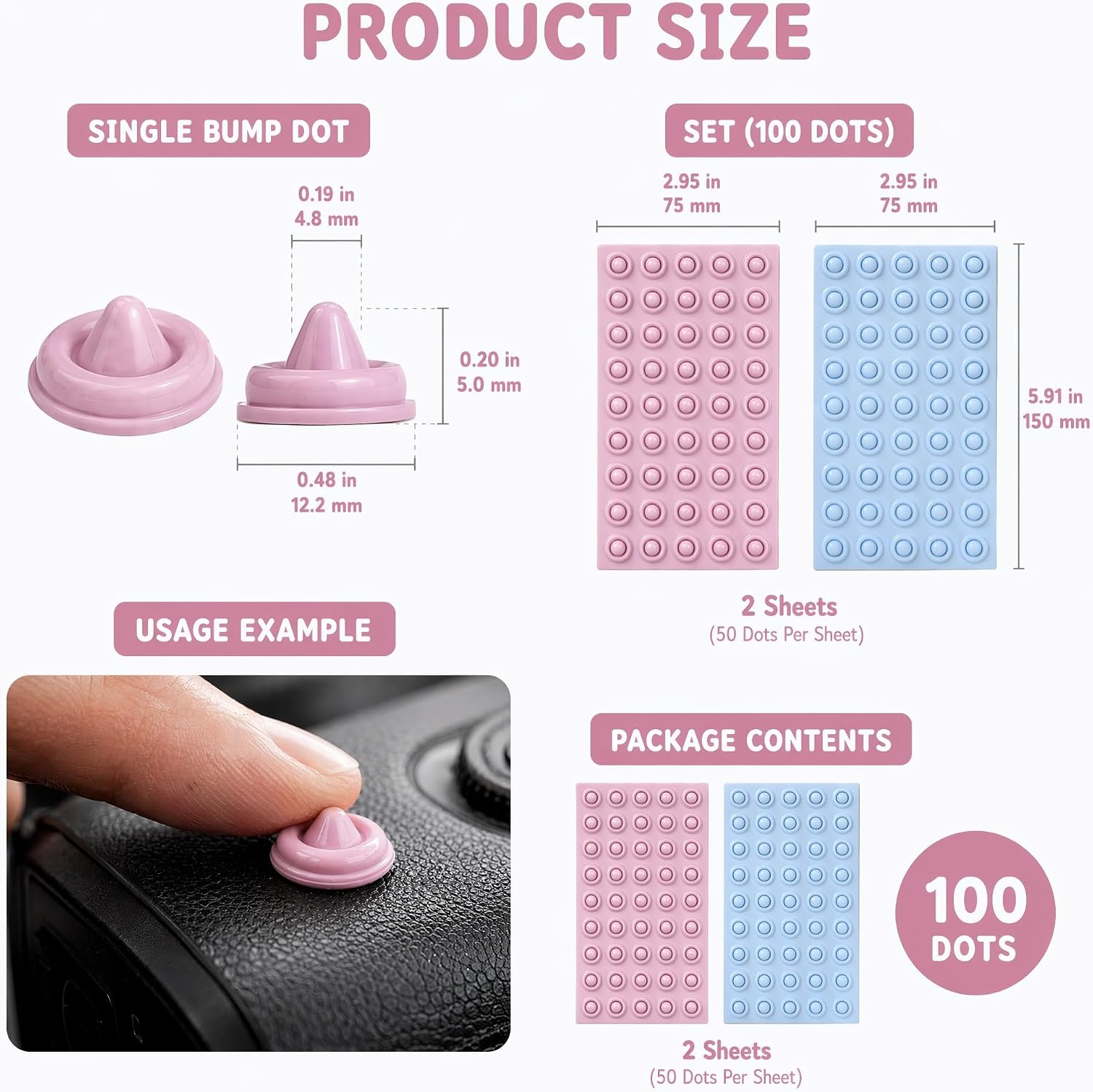 100 Pcs Bump Dots for Visually Impaired Conical Blue Pink Tactile