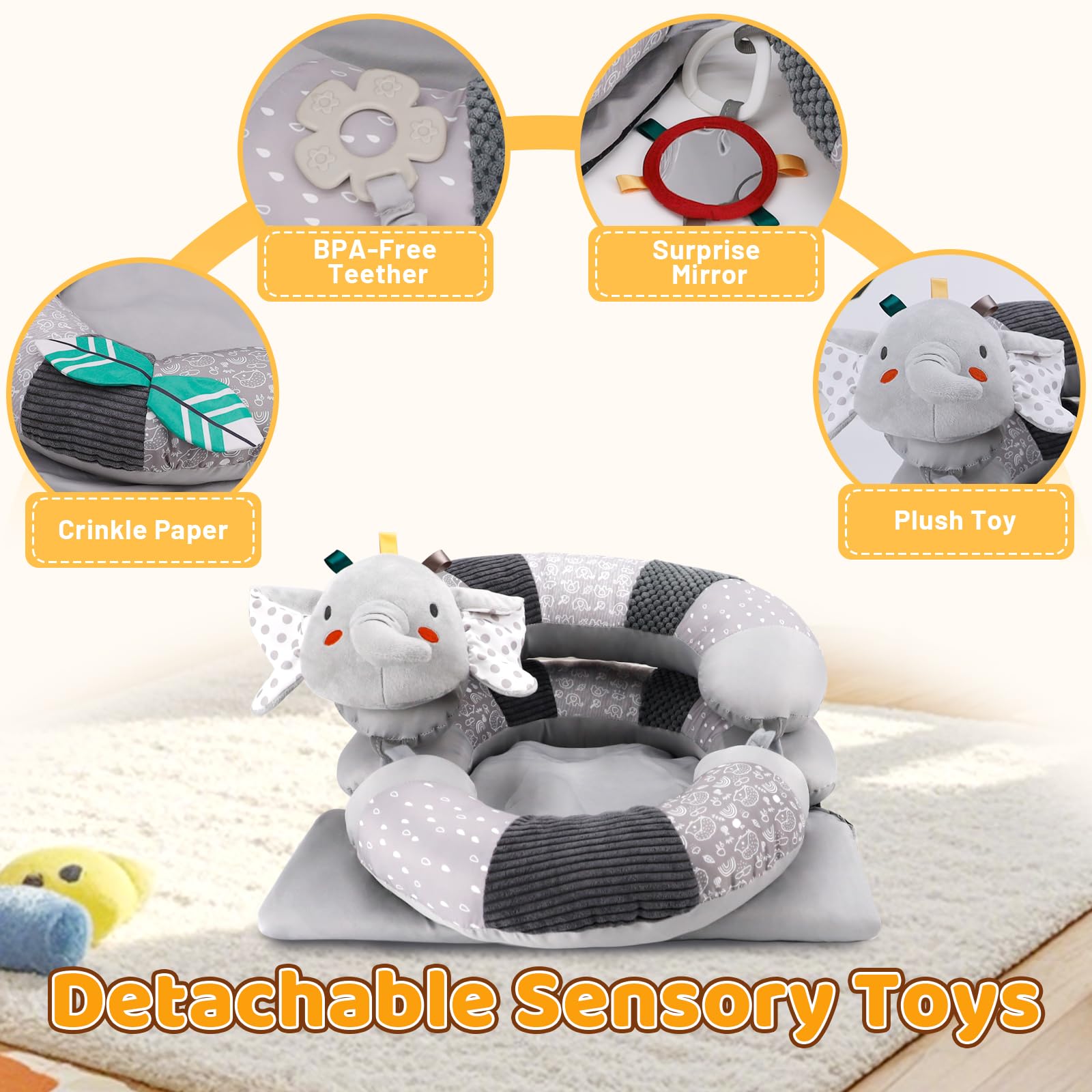3-in-1 Bauch-Zeitmatte und Babyliege für Säuglinge, Sit Me Up Bodensitz mit abnehmbarem Stützkissen, um Reflux zu verhindern, tragbare Spielmatte für Neugeborene Jungen und Mädchen (Grau)