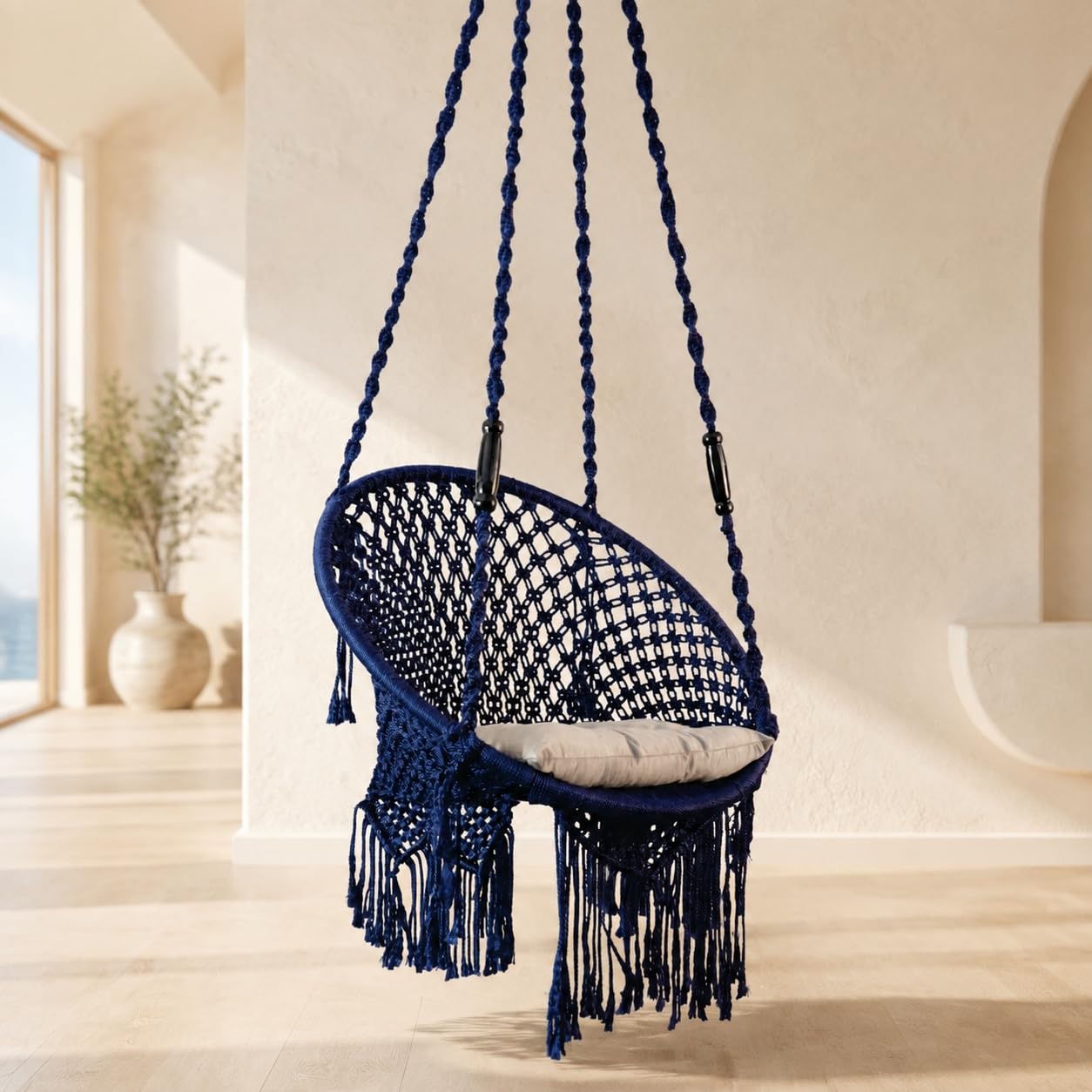 JULJULIA Swing for Balcony Comfortable Cotton Relaxing Jhula for Adults for Home Indoor Outdoor Hanging Seat for Apartment Patio Terrace Garden - Round Swing 02 Blue-image-48