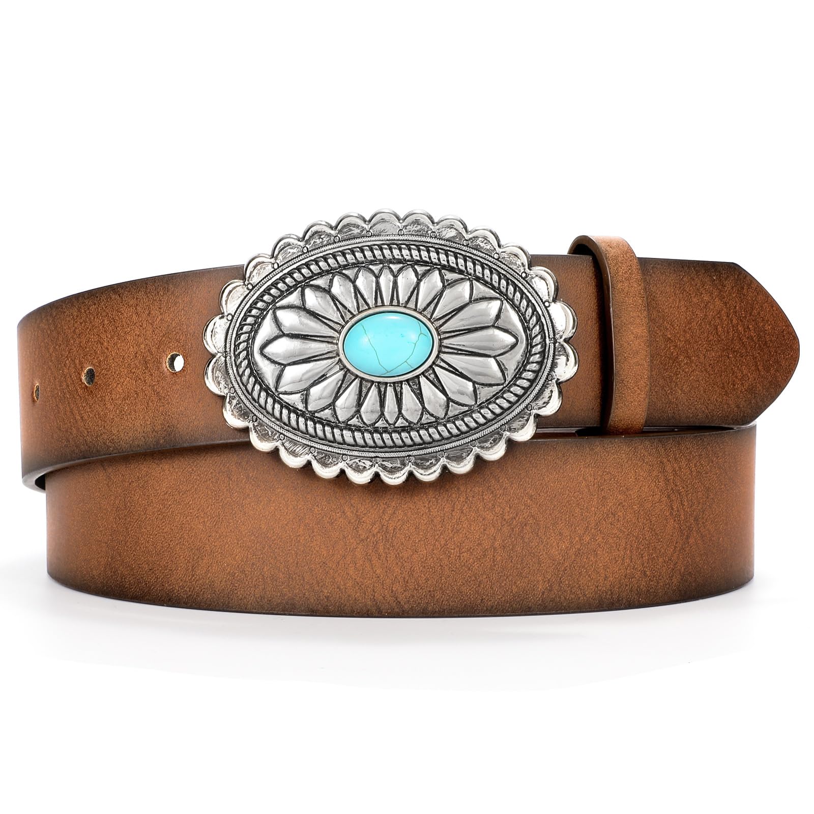 XZQTIVEWomen Western Leather Belt Vintage Country Belts For Cowgirl Jeans  Dresses Ladies Concho Belt With Turquoise Buckle