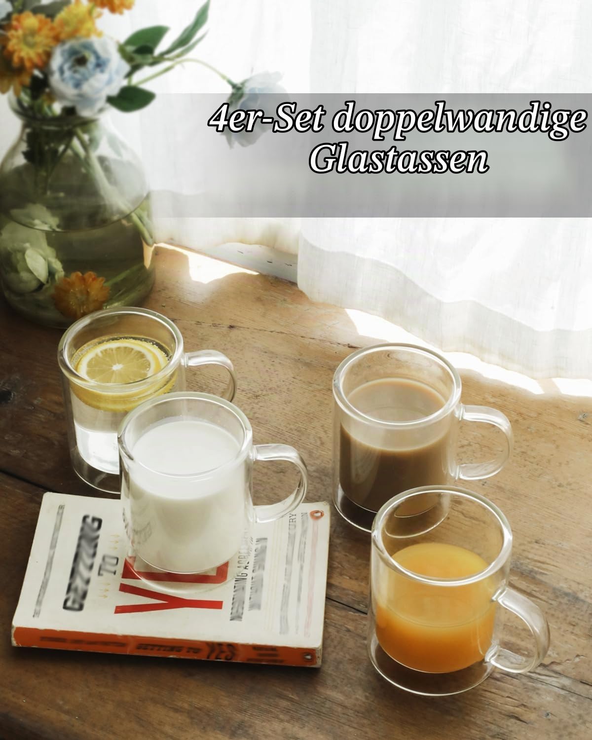 LIBWYS 4er Set Doppelwandige Latte Macchiato Gläser mit Griff (4x350ml), Hitzebeständige Glasbecher mit Edelstahl Löffel für Kaffee, Tee, Heißgetränke, Saft, Bier