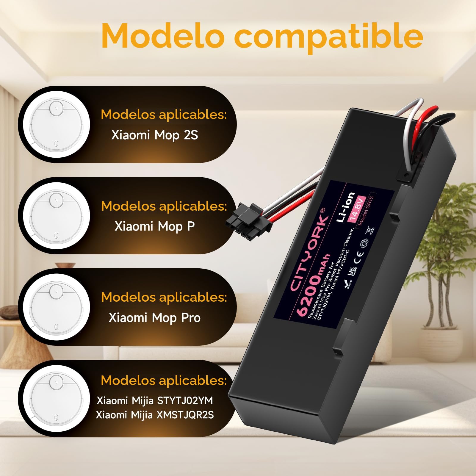 CITYORK 6200mAh 14,4V Batería de Repuesto para Xiaomi Mop 2S / Mop P/Mop Pro, Batería Compatible con Xiaomi Mijia STYTJ02YM / XMSTJQR2S Aspiradora Robot Batería