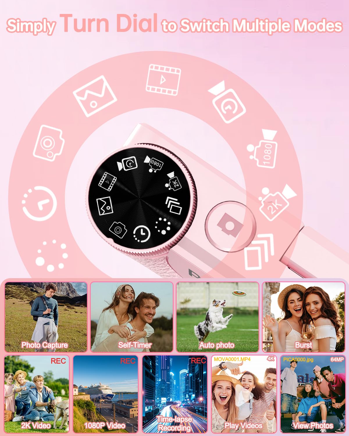 Fotocamera Digitale 4K Videocamera con Schermo 3" Rotante 180° per Vlog, Ponovo Macchina Fotografica Compatta 64MP Autofocus con Zoom Digitale 18X, 2000mAh Fotocamera Portatile 32GB per Studenti Festa