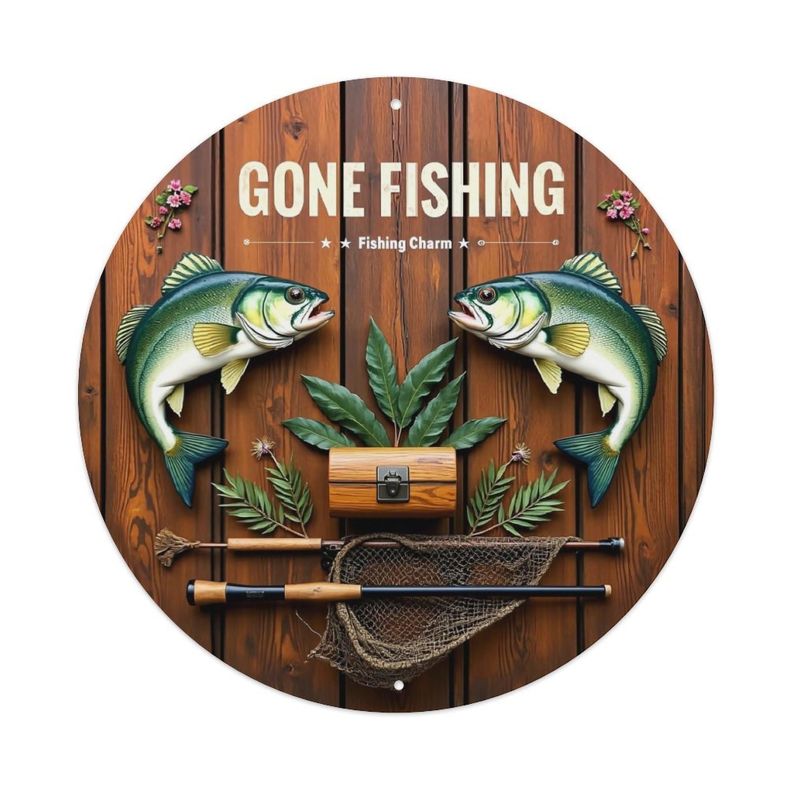Fishing Charm Wood Fish Net Round Tin Sign Retro Metal Sign for Cafe Bar Pub Home Game Room Gym Club Wall Decoration Vintage Metal Poster 8x8 Inch