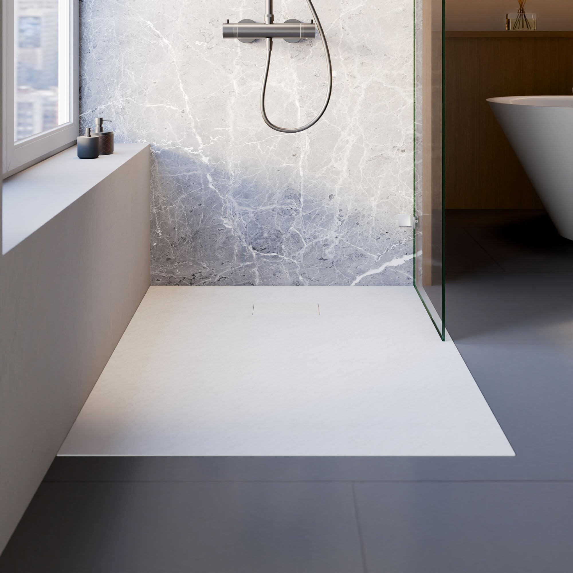 Schulte receveur douche 90x120x3 cm résine effet pierre blanc antidérapant | carré collecteur central