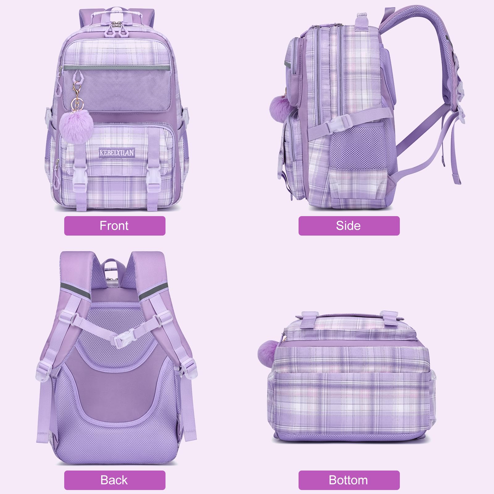 KEBEIXUAN Mochilas Escolares Niña, Personalizada Mochila Colegio Niña de 6 a 12 Años, Kawaii Ligeras Mochila de Niñas Escolar con Colgante
