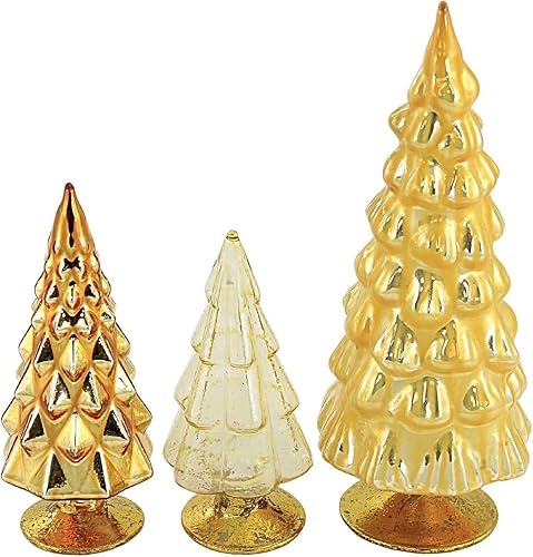 Miniatura 3 de Pequeños árboles de tono amarillo de cristal de decoración de pueblo de Navidad, decoración de manto, 3 unidades, 6.75 pulgadas de alto, Ms2105y
