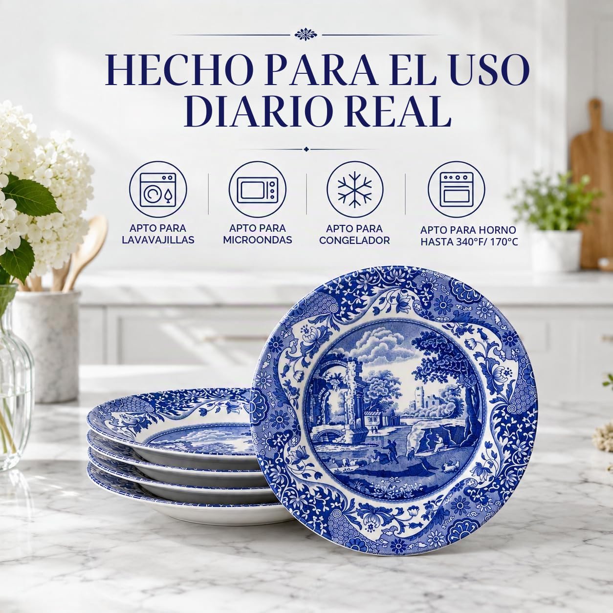 Portmeirion Home & Gifts 1532894Spode - Plato hondo italiano azul, blanco, 23 cm (juego de 4), azul