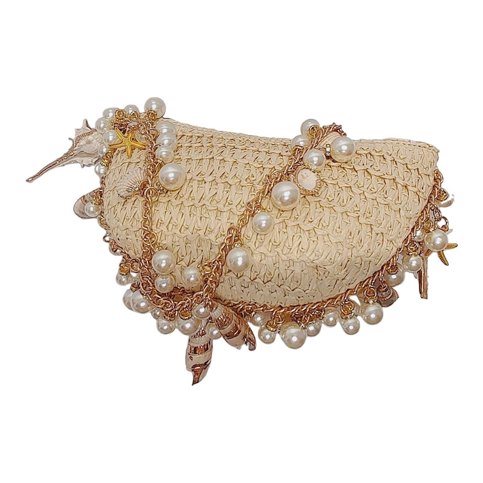Women Pearl Conch Handbag With Chain Elegant Shoulder Bag Handwoven Holiday Beach Commute Party
