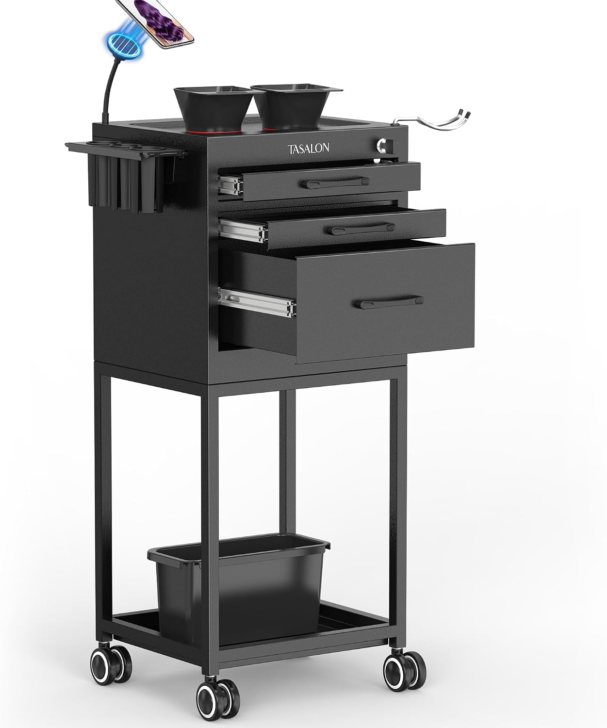 TASALON Salon Trolley Cart with Wheels, Lockable Metal Rolling Cart with Drawers, Magnetic Bowls & Phone Holder, Mobile Storage Organizer for Hair Stylist, Barber & Tattoo Supplies, Black