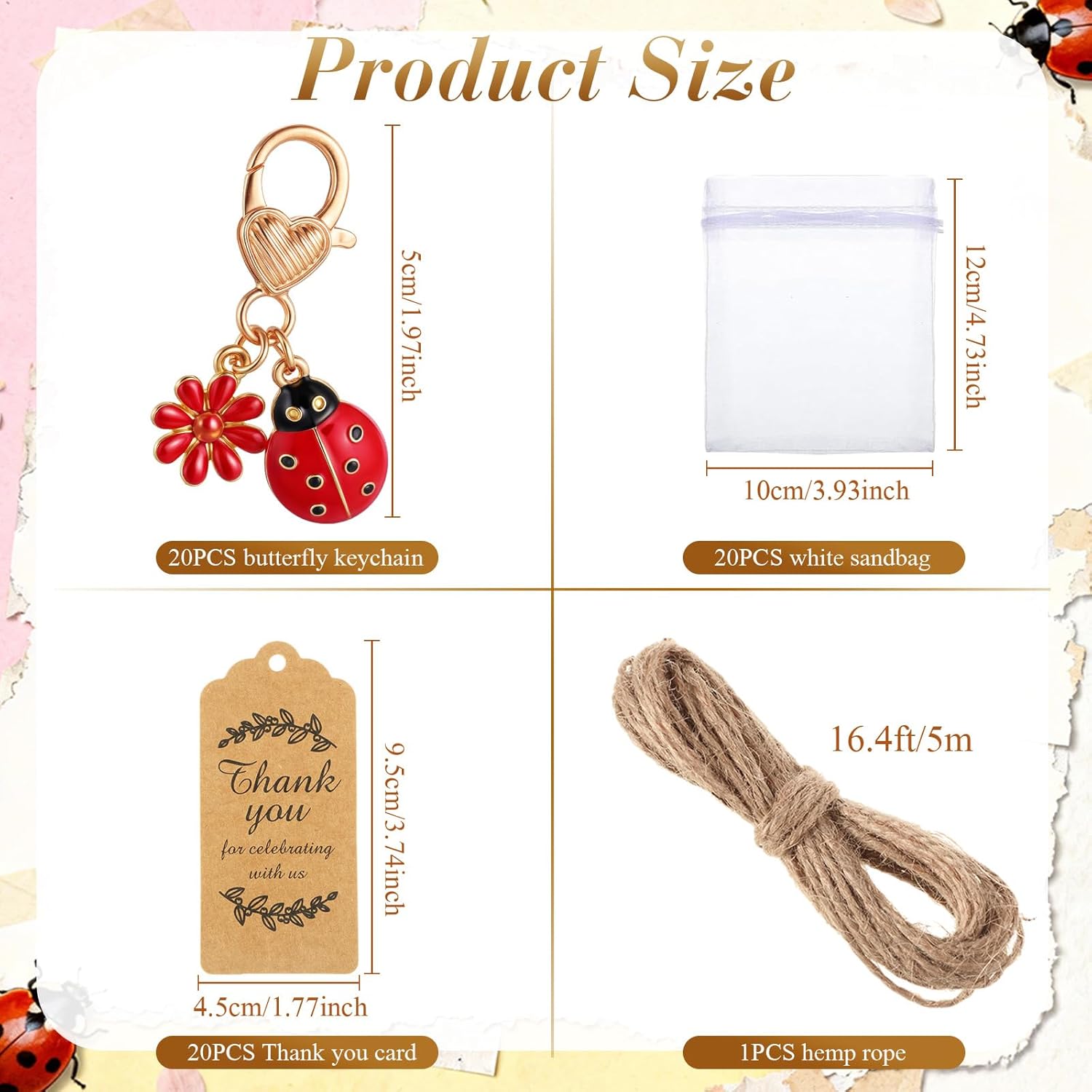 60 Pack Seven-spotted Ladybug Keychain Party Favors Set Include 20 Keyring with 20 Kraft Tags Organza Bag and 20 Thank You Tags for Guests Souvenir Baby Shower Wedding bridal shower - Image 2