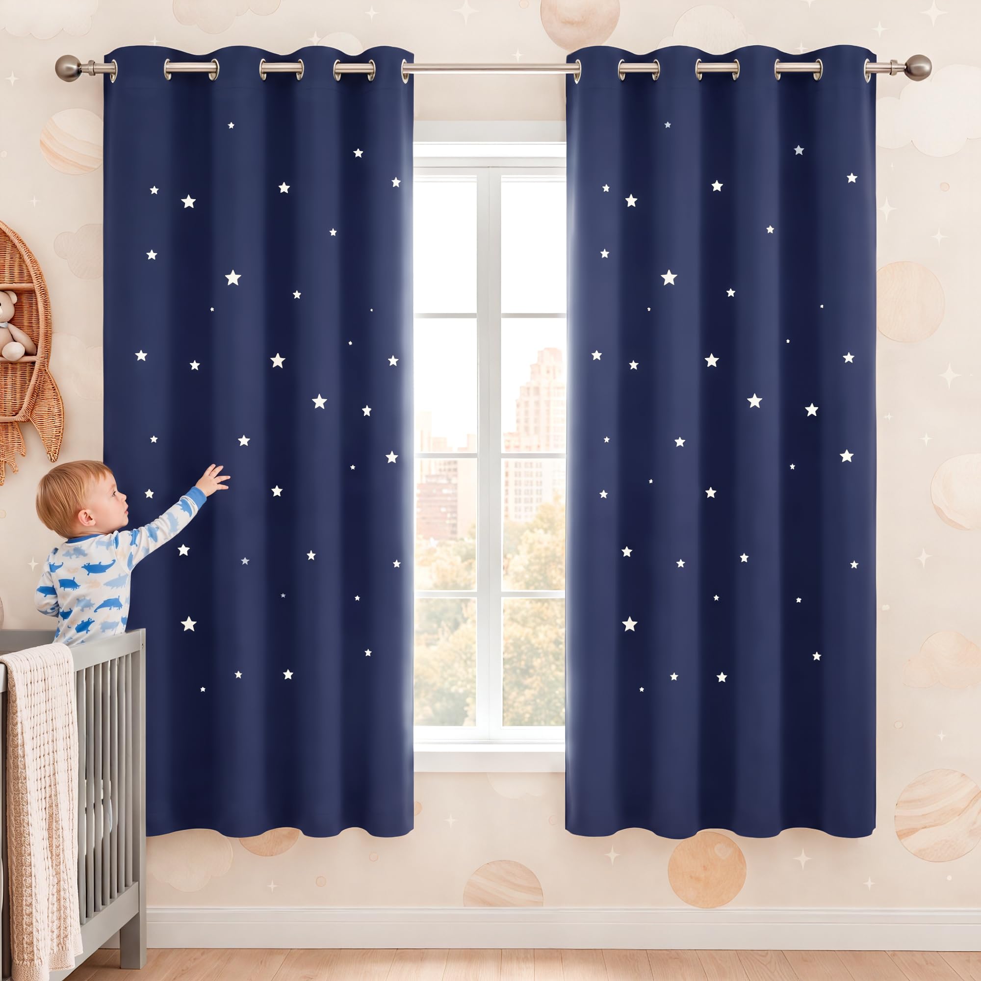NICETOWN Blue Hollow Star Blackout Kids Curtain, 1 Panel, W52 x L63