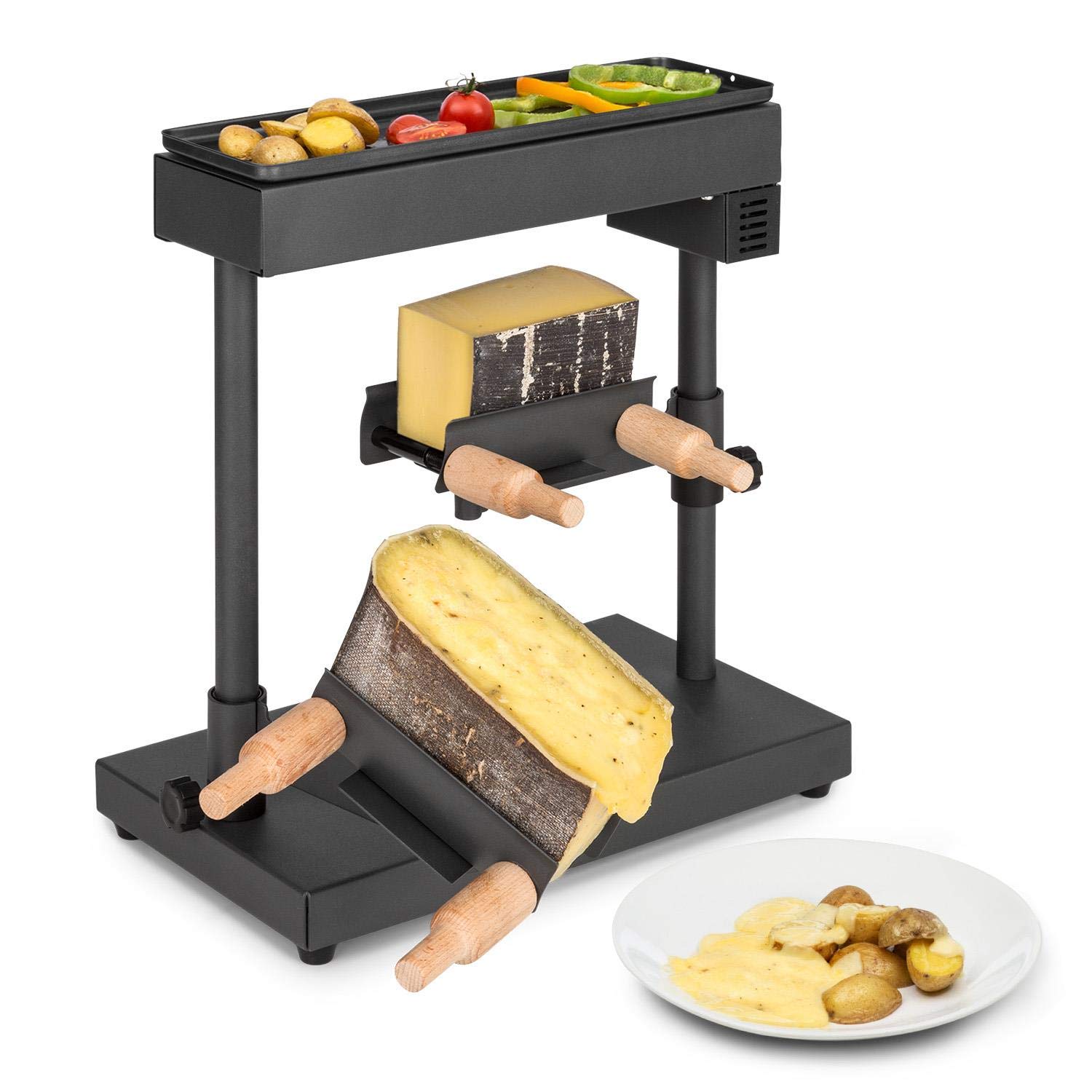 Klarstein Appenzell XL – raclette z grillem, 600 W, termostat, element grzejny ze stali nierdzewnej, płyta grillowa na górze, 2 uchwyty do sera: z regulacją wysokości/obrotową/pochyleniem, czarny
