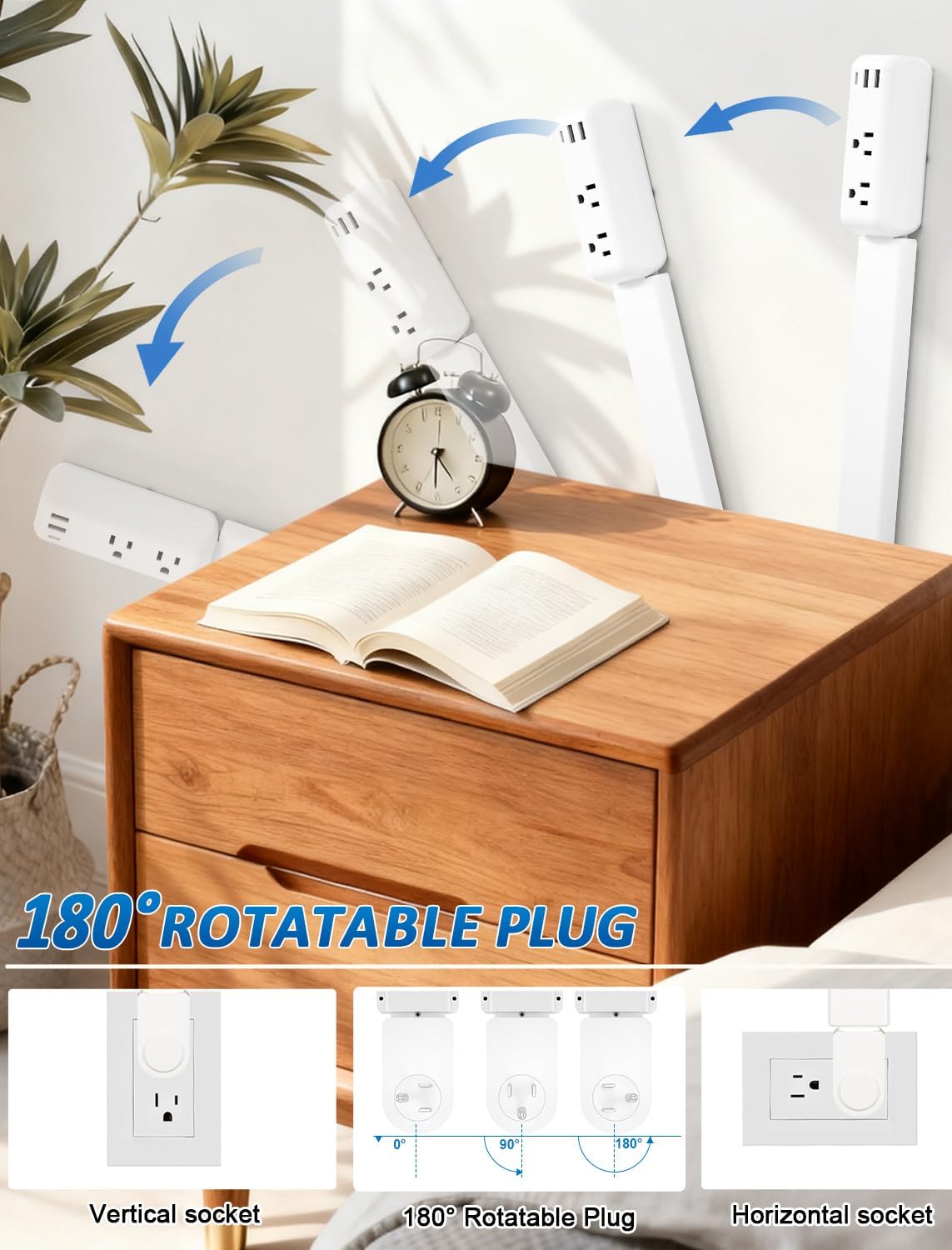 eletrical outlet extender stick 22"-34" vertical power socket expander with 2 ac outlets, usb-a,usb-c ports,180° rotating wall outlet extender for hard-to-reach extension cord extender behind sofa 1 pack